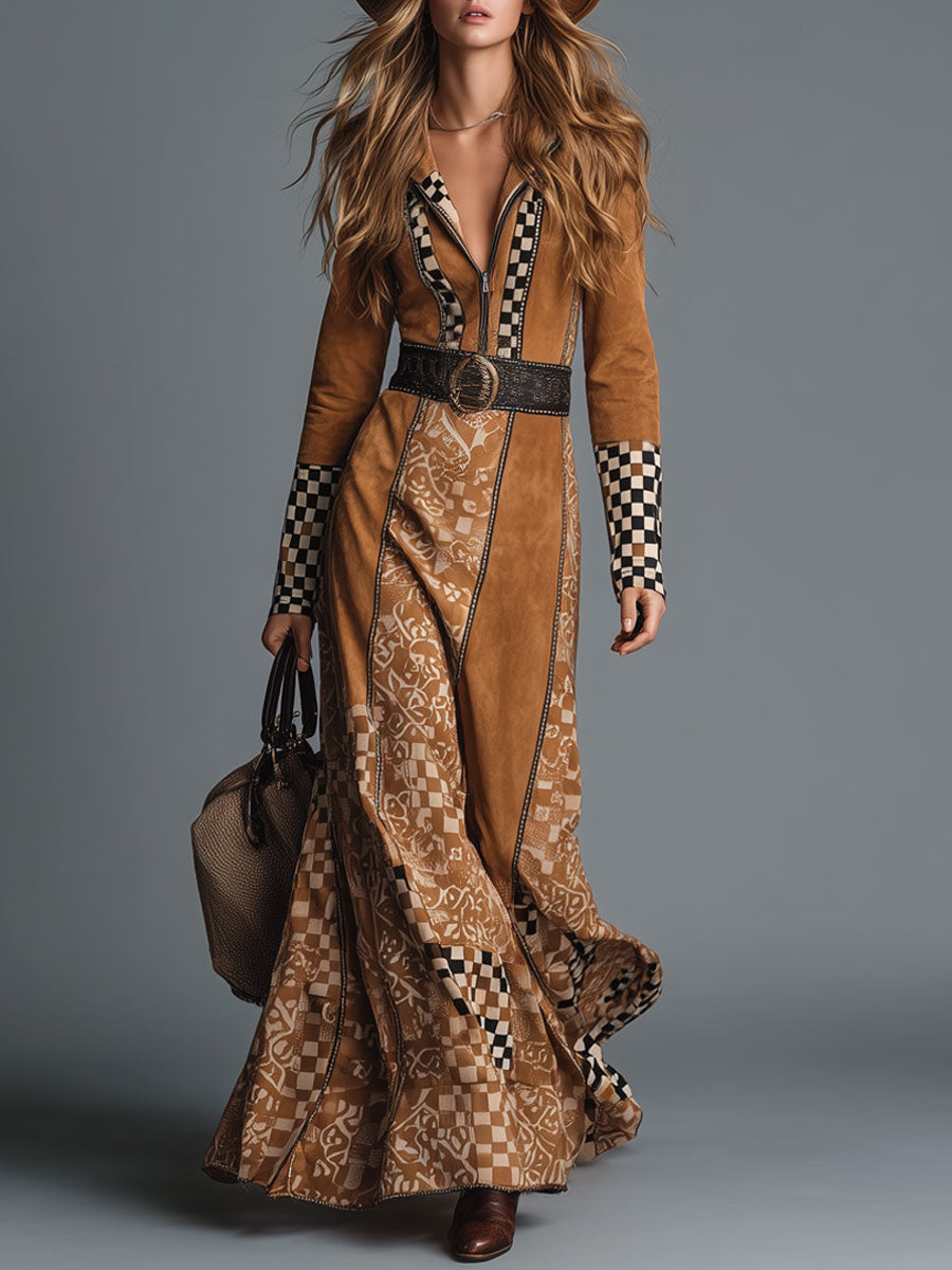 Casual Retro Geometric Camel Faux Suede Half-Zip Maxi Dress