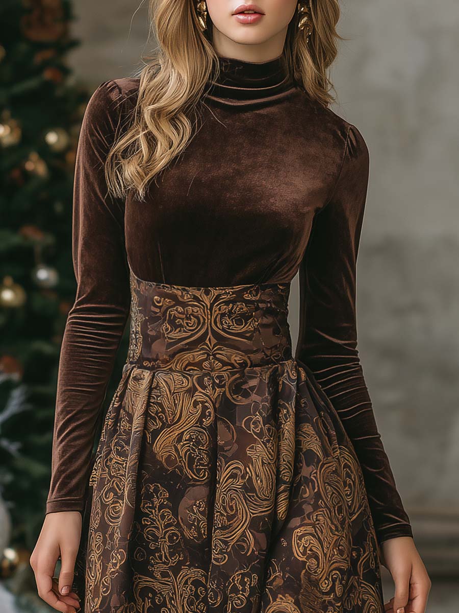 Retro Exquisite And Elegant High Collar Brown Velvet Printed Slit Midi Dress