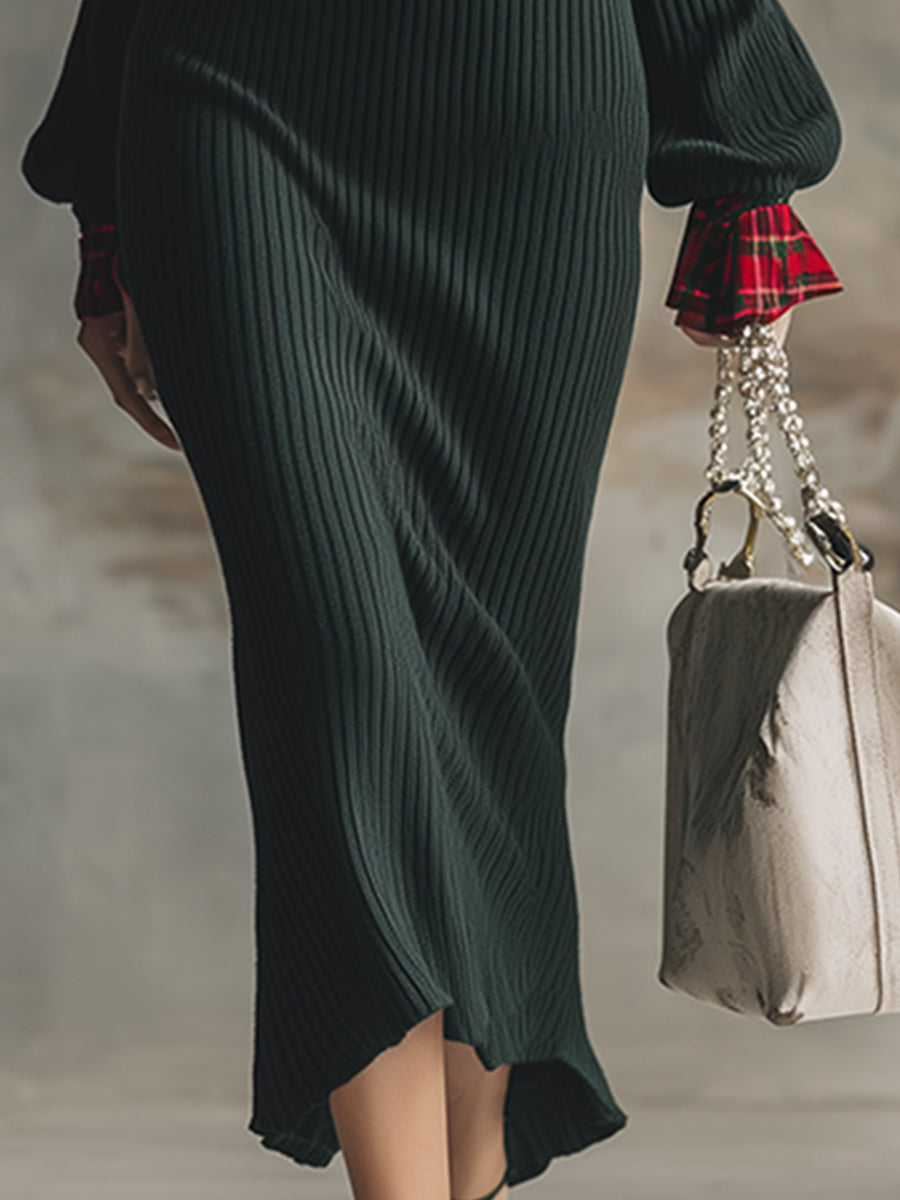 Classic Christmas Green Contrast Plaid Trim Knit Maxi Dress