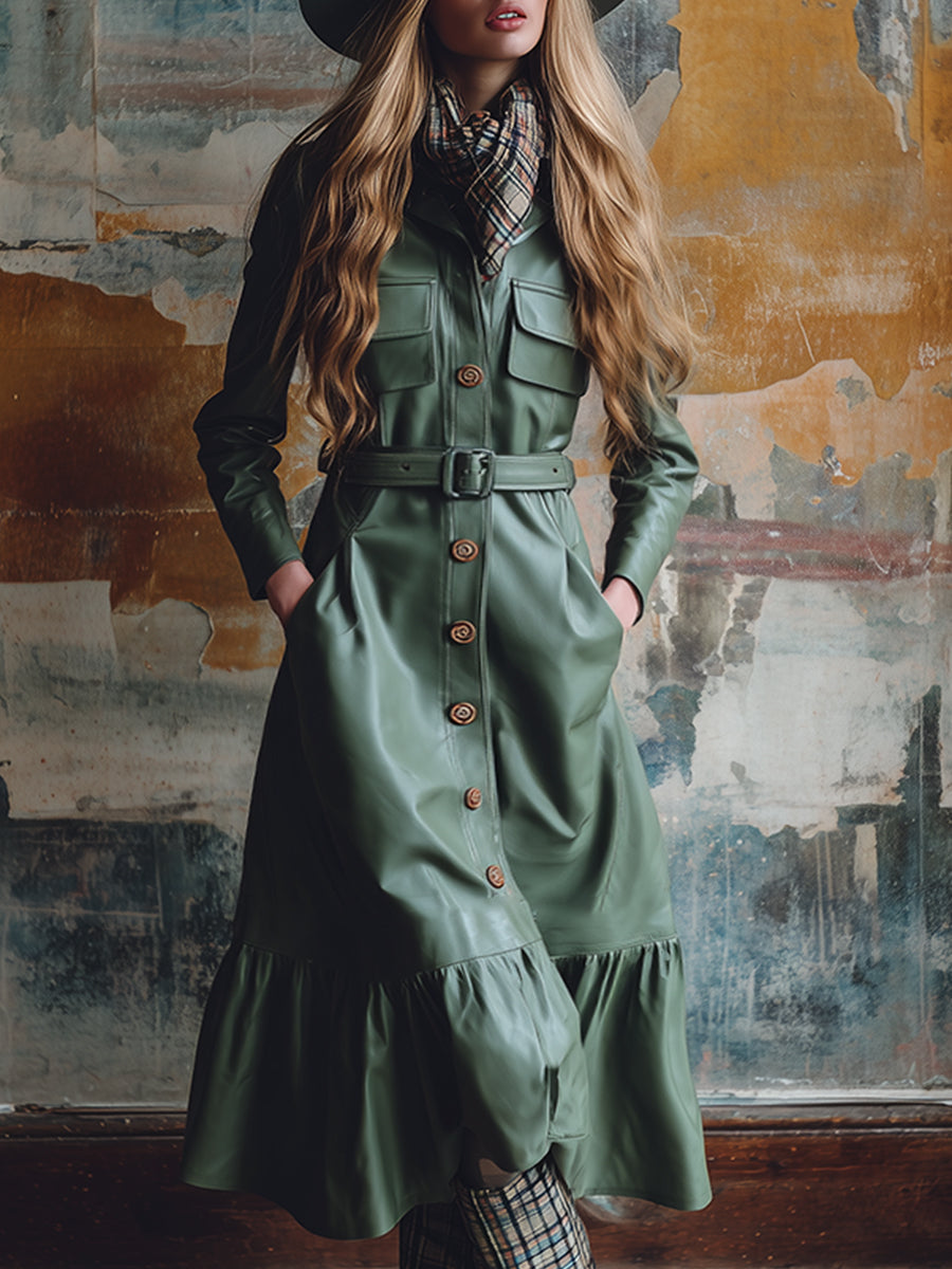 Fashionable Urban Lapel Sage Green Pocket Faux Leather Maxi Dress