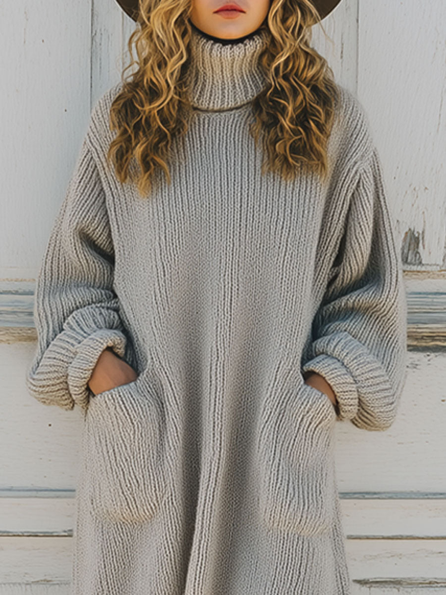 Casual Vintage Gray Turtleneck Knit Midi Dress