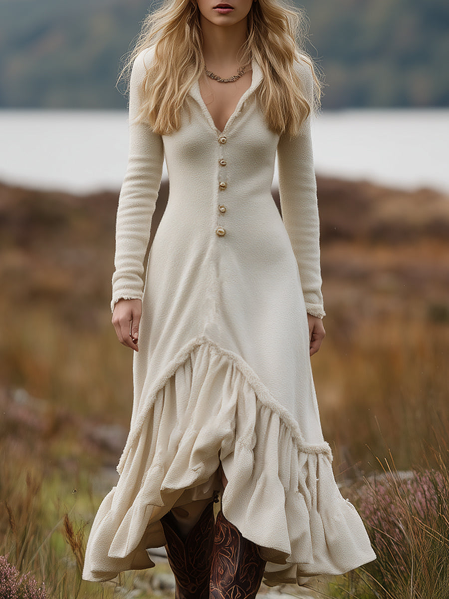 Retro Western Beige Warm Fleece V-Neck Maxi Dress