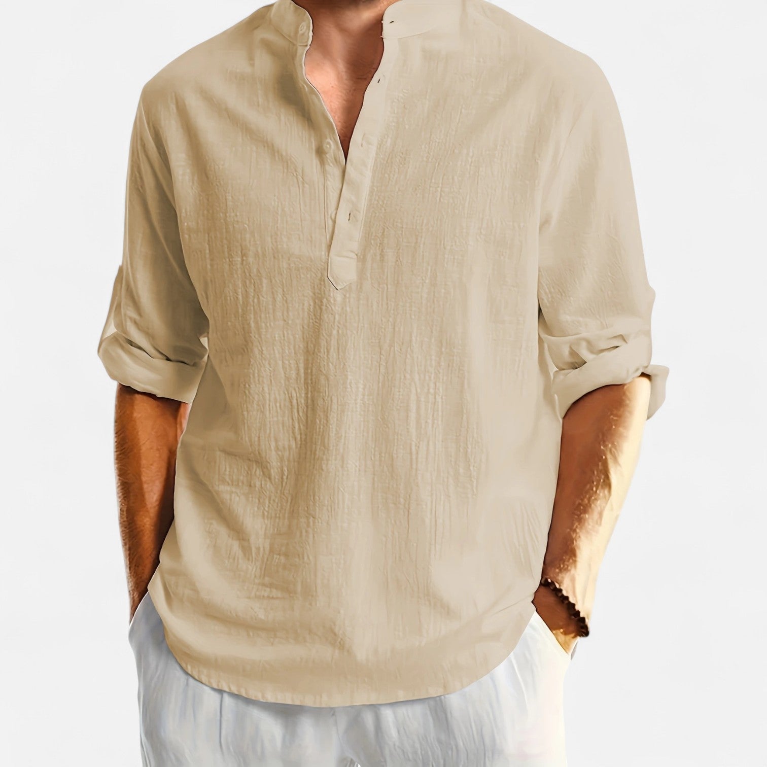 Dorevelle Men’s Linen Henley Shirt with Heritage Collarless Design for a Classic and Stylish Look