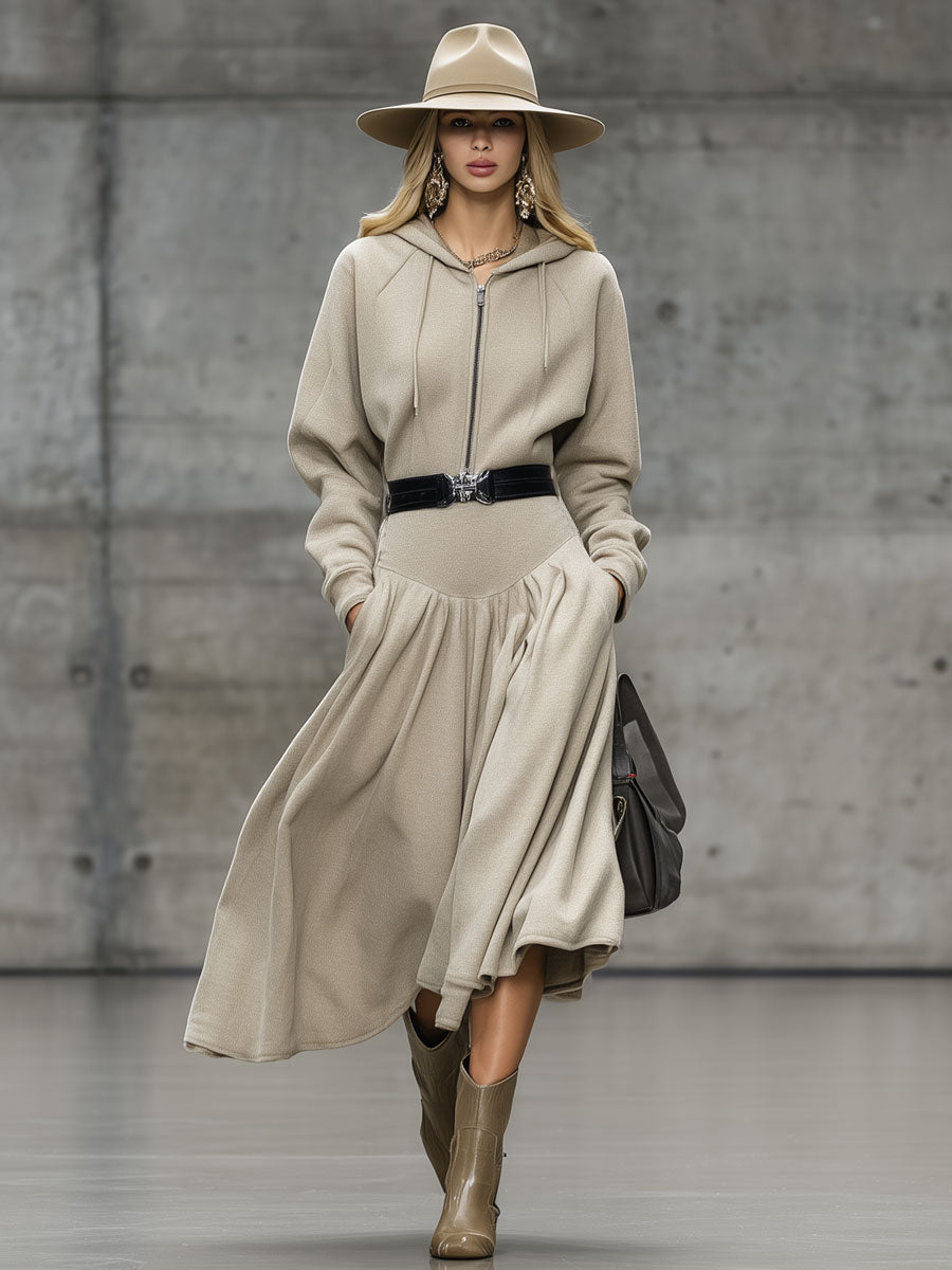 Casual Loose Light Khaki Hooded Zipper Midi Dress
