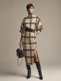 Classic And Elegant Apricot Plaid High-neck Knitted Midi Dress