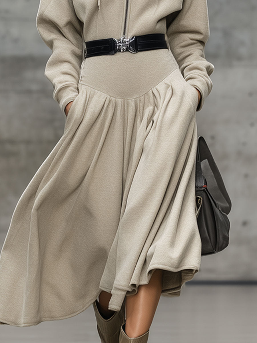 Casual Loose Light Khaki Hooded Zipper Midi Dress