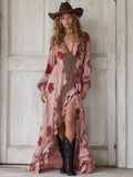 Bohemian Retro Long Sleeve Pink Leopard Rose Chiffon Ruffle Maxi Dress
