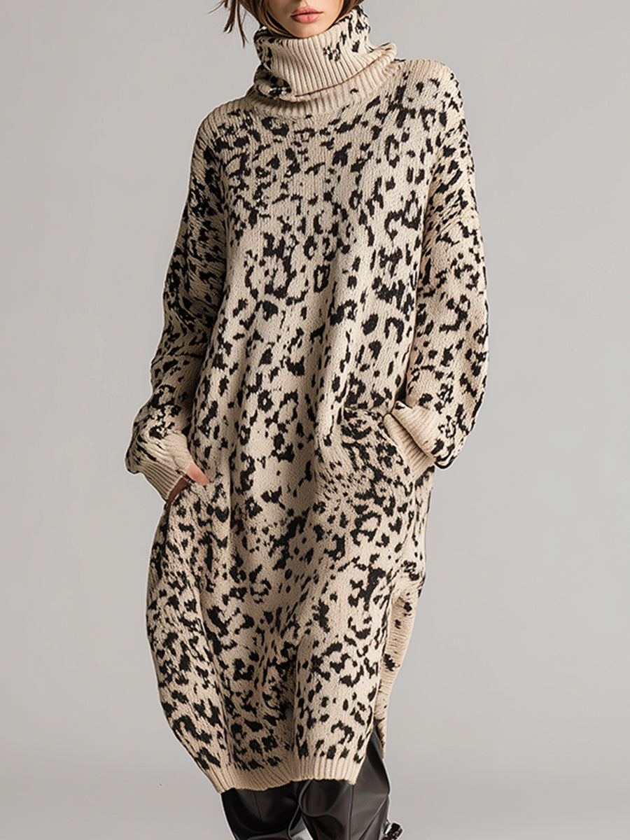 Fashionable Silhouette High-neck Beige Leopard Print Knitted Midi Dress