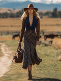 Chic Western Contrast Faux Suede Plaid Belted Maxi Dress