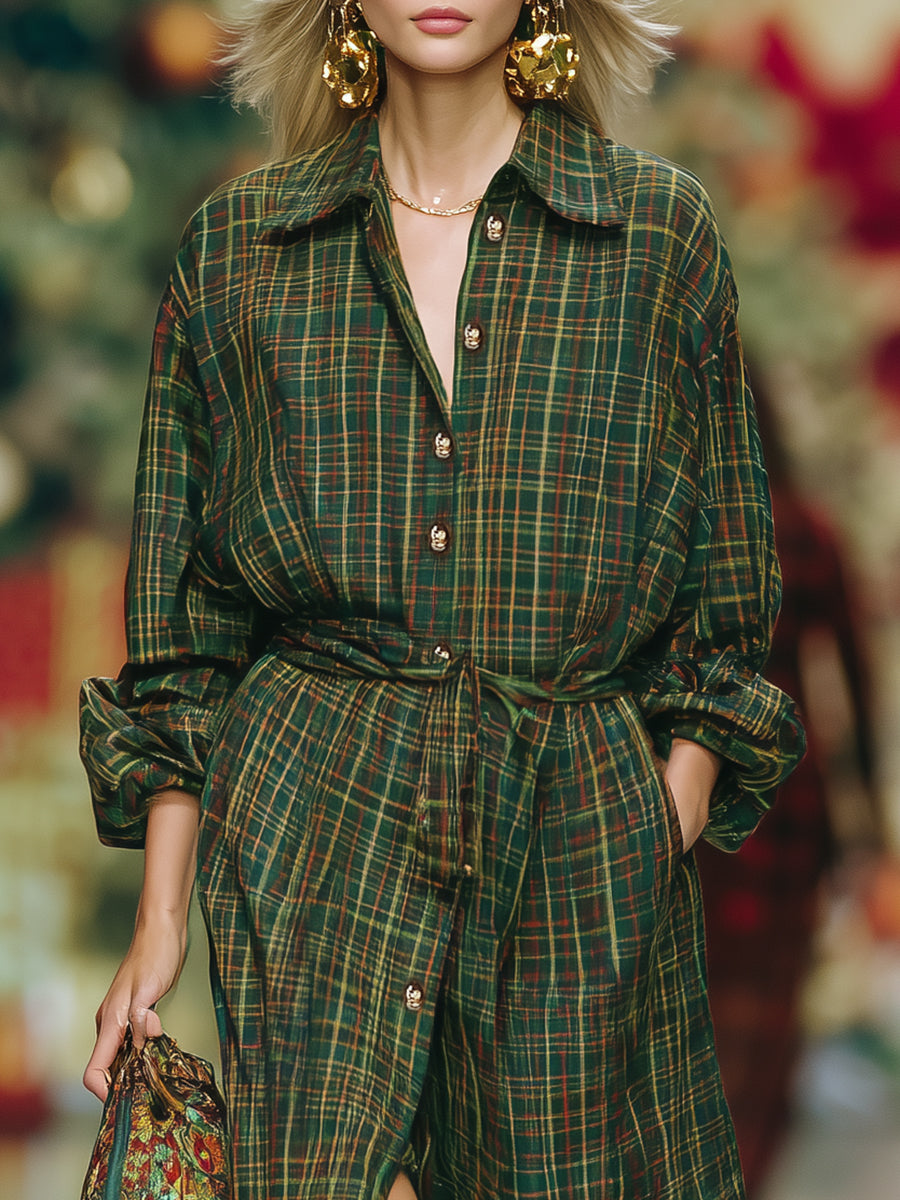 Casual Retro Button Plaid Maxi Dress