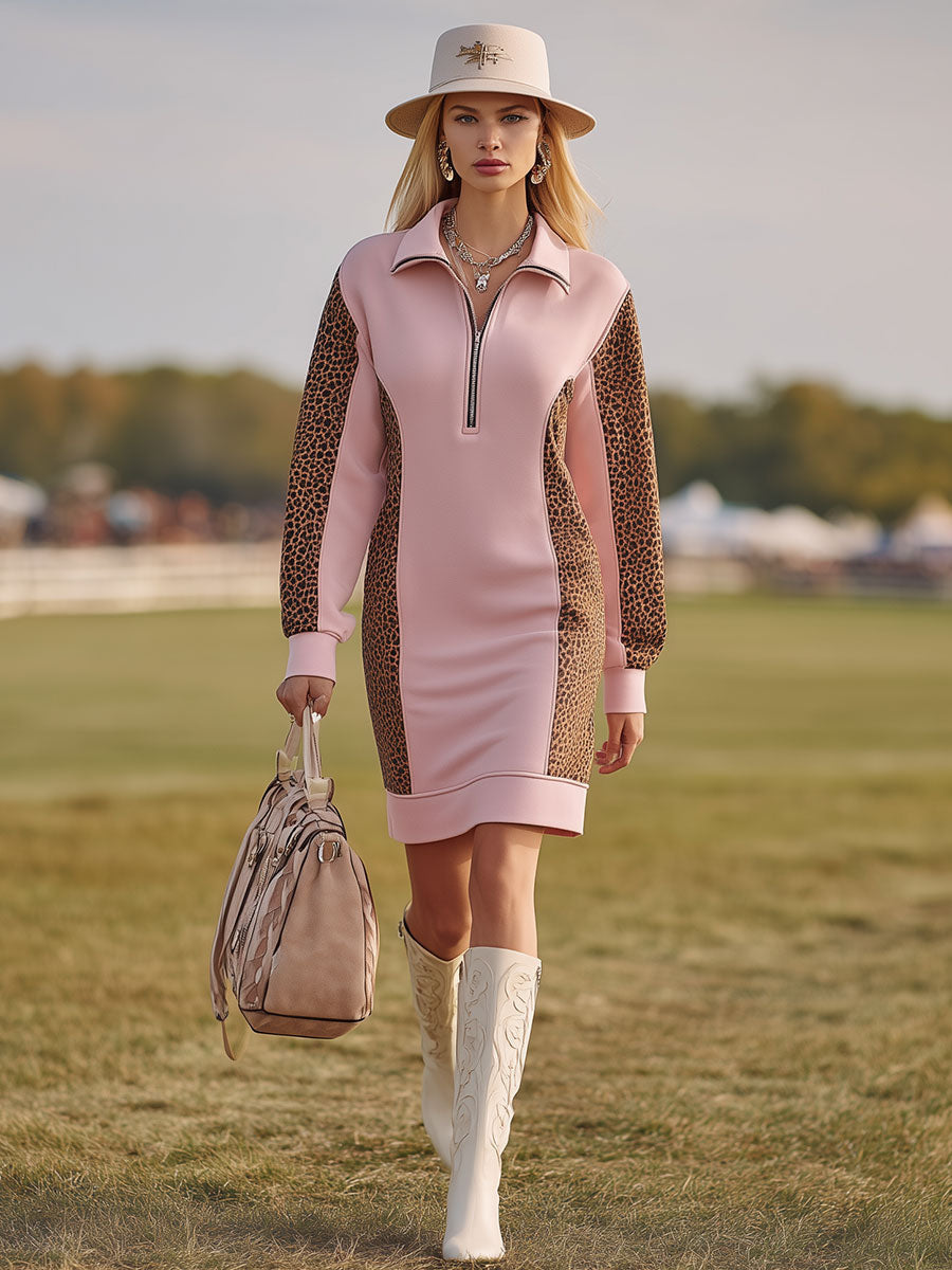 Casual Sports Pink Long-Sleeved Lapel Stitching Leopard Print Midi Dress