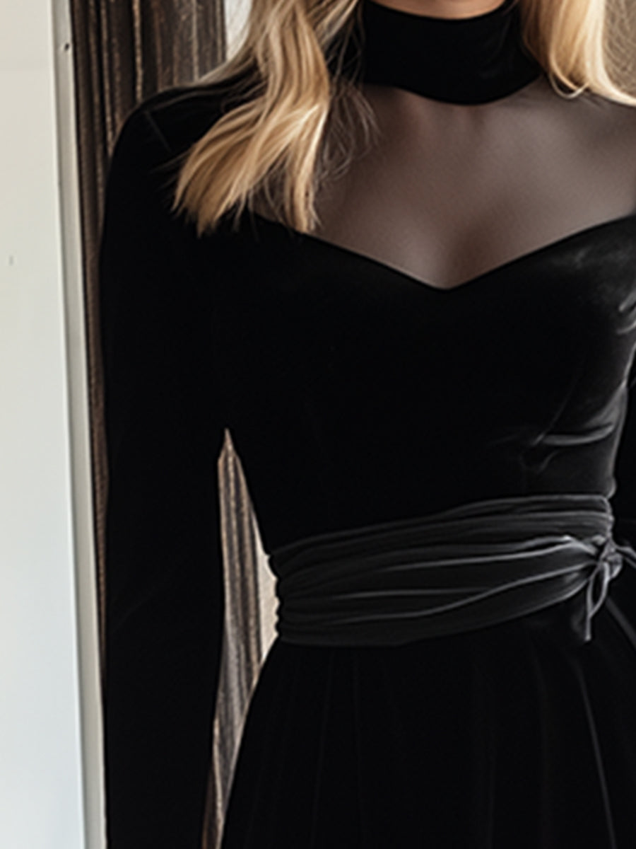 Elegant And Classic Mesh Collar Black Velvet Maxi Dress