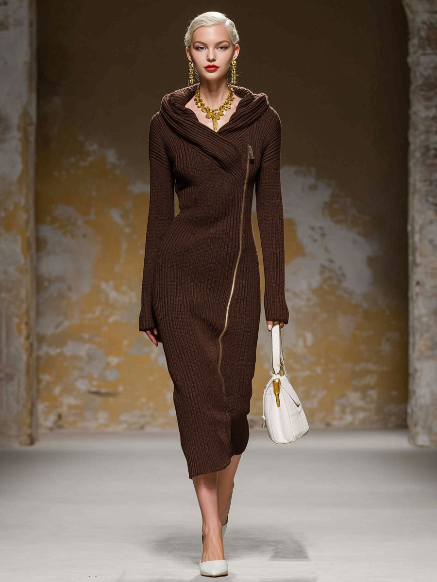Diagonal Zipper Hooded Knitted Midi Dress