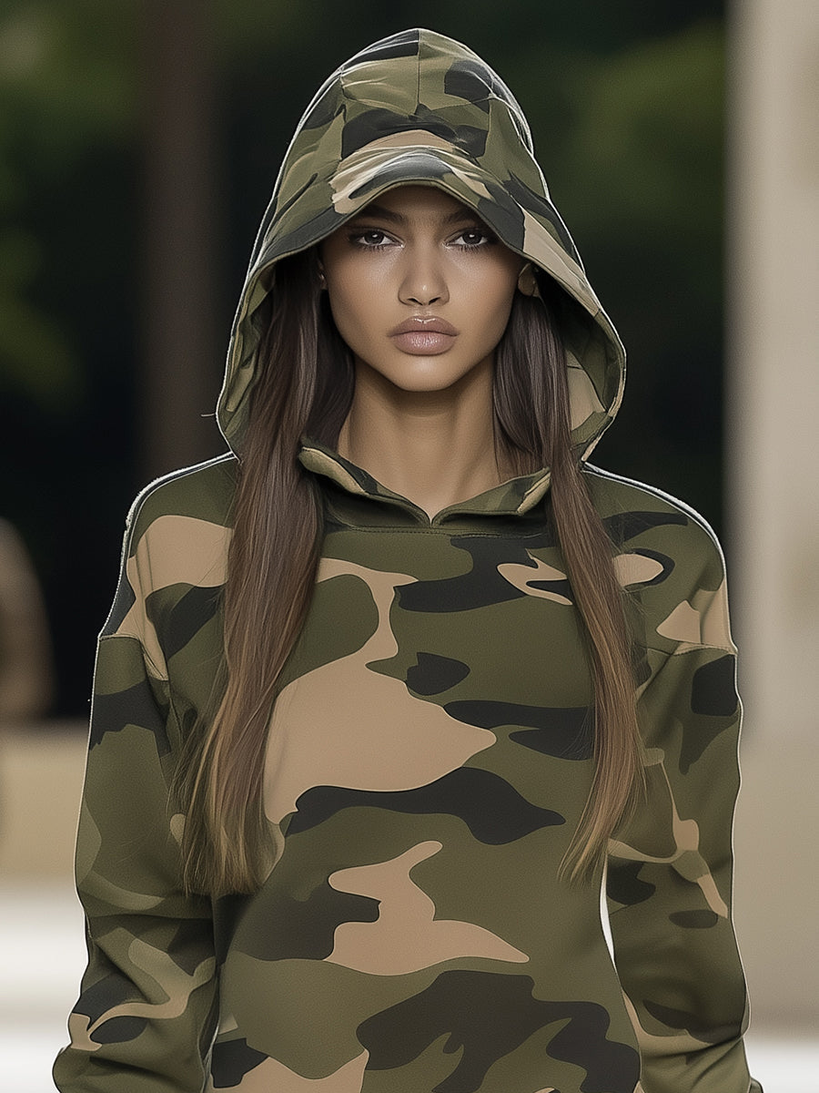 Camouflage Ruffle Long Sleeve Hooded Mini Dress