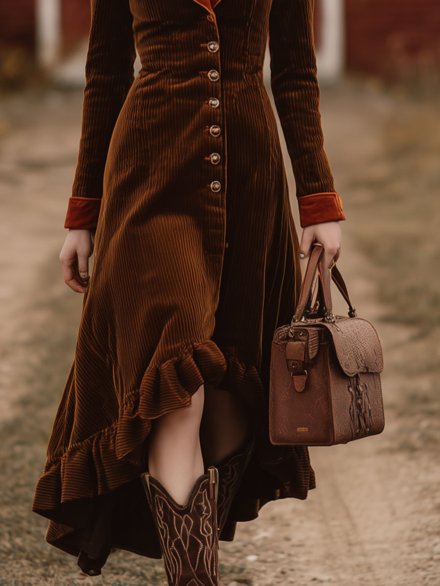 Brown Corduroy Splicing With Red Buttons Irregular Skirt Midi Dress