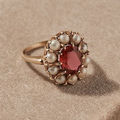 Elegant Red Crystal Ring with Timeless Vintage Pearls