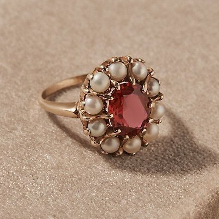 Elegant Red Crystal Ring with Timeless Vintage Pearls