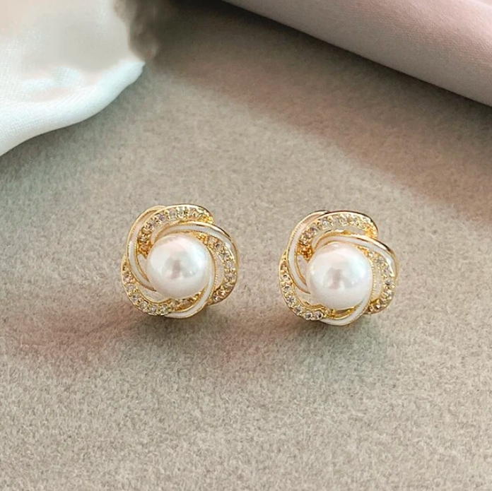 Glamorous Spiral Pearl Earrings with Sparkling Gold Zirconia