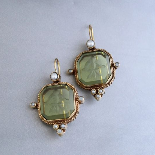 Elegant Vintage Earrings with Green Accents and Pearl Decoration
