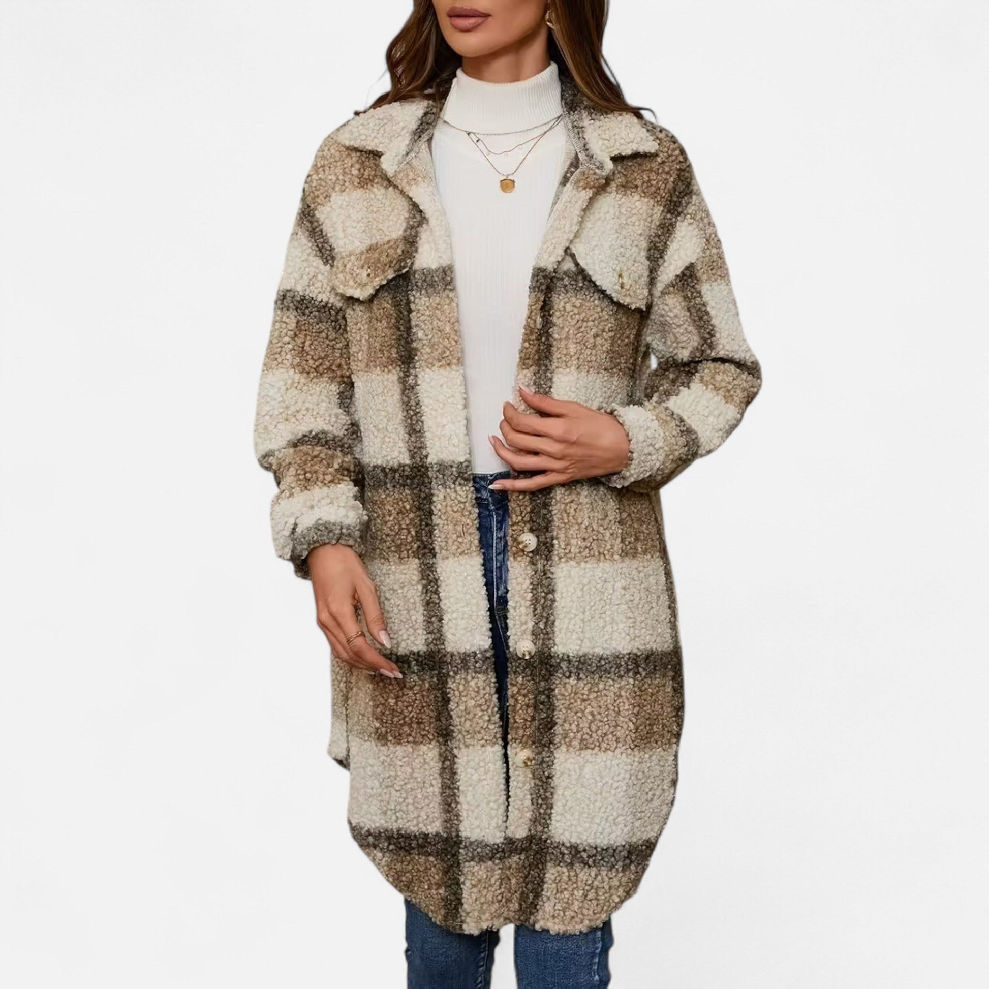 Dorevelle Women's Cozy Plaid Fuzzy Jacket with Button-Front Longline Style
