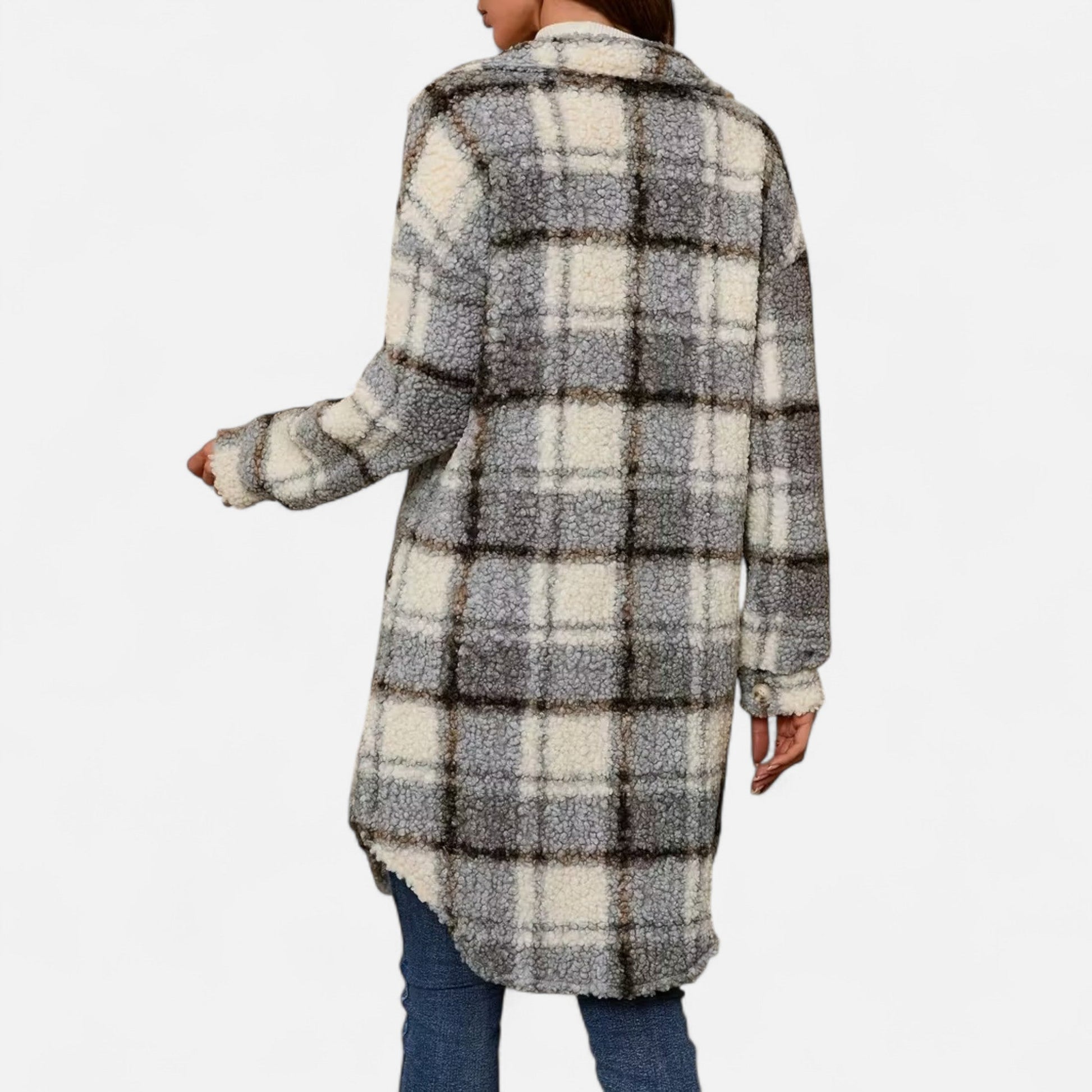 Dorevelle Women's Cozy Plaid Fuzzy Jacket with Button-Front Longline Style