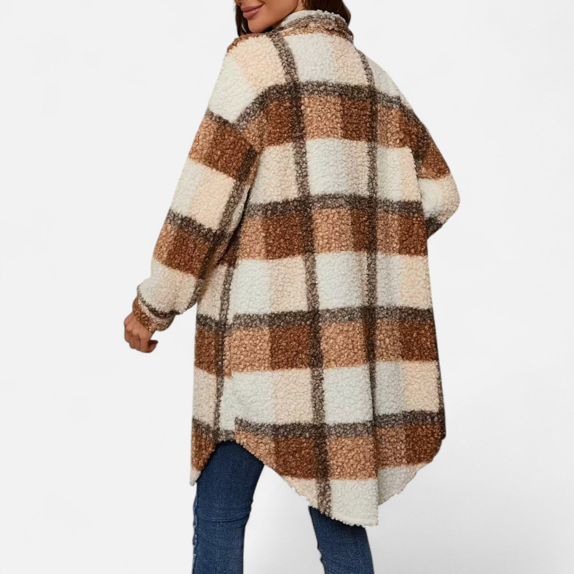 Dorevelle Women's Cozy Plaid Fuzzy Jacket with Button-Front Longline Style