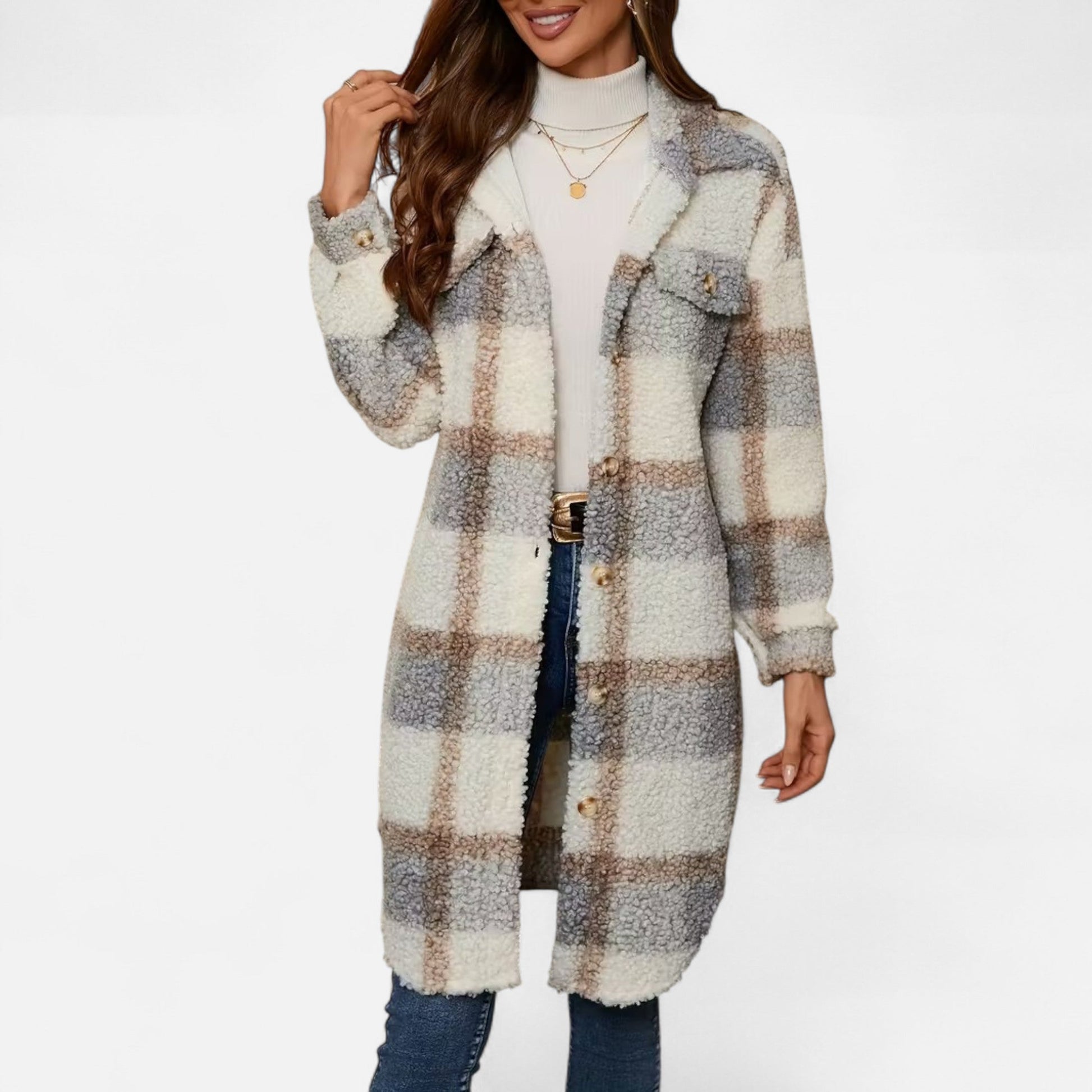 Dorevelle Women's Cozy Plaid Fuzzy Jacket with Button-Front Longline Style