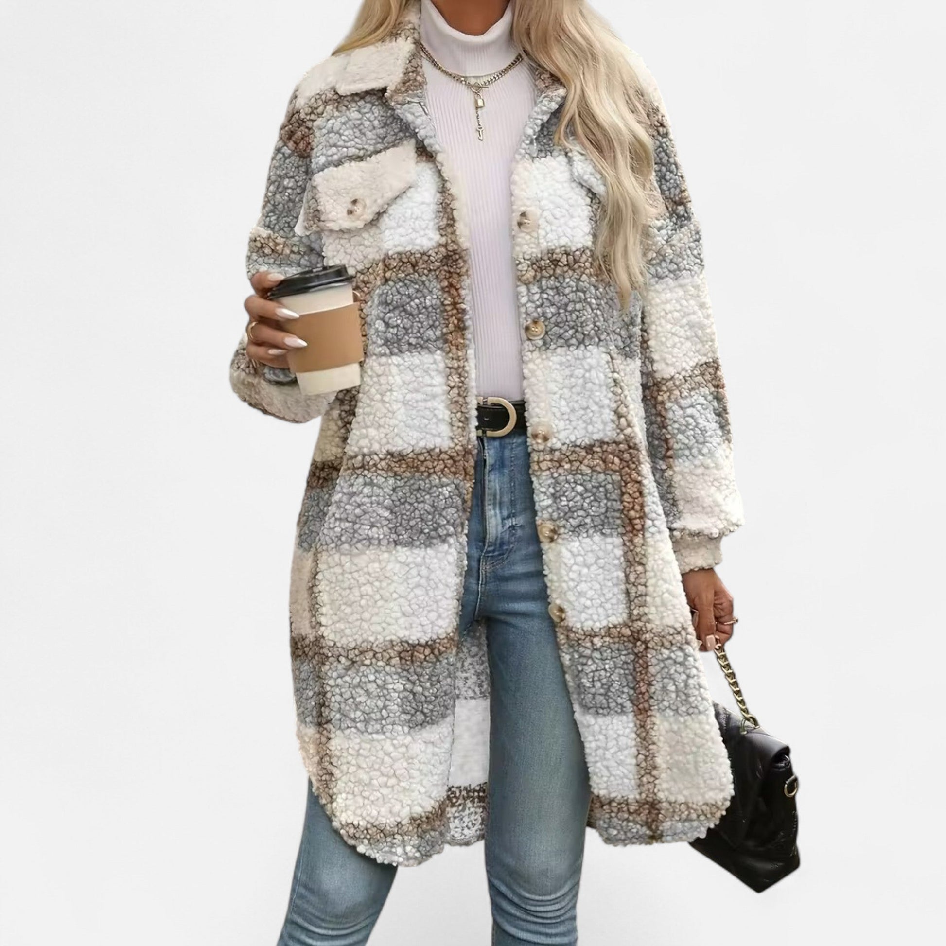 Dorevelle Women's Cozy Plaid Fuzzy Jacket with Button-Front Longline Style