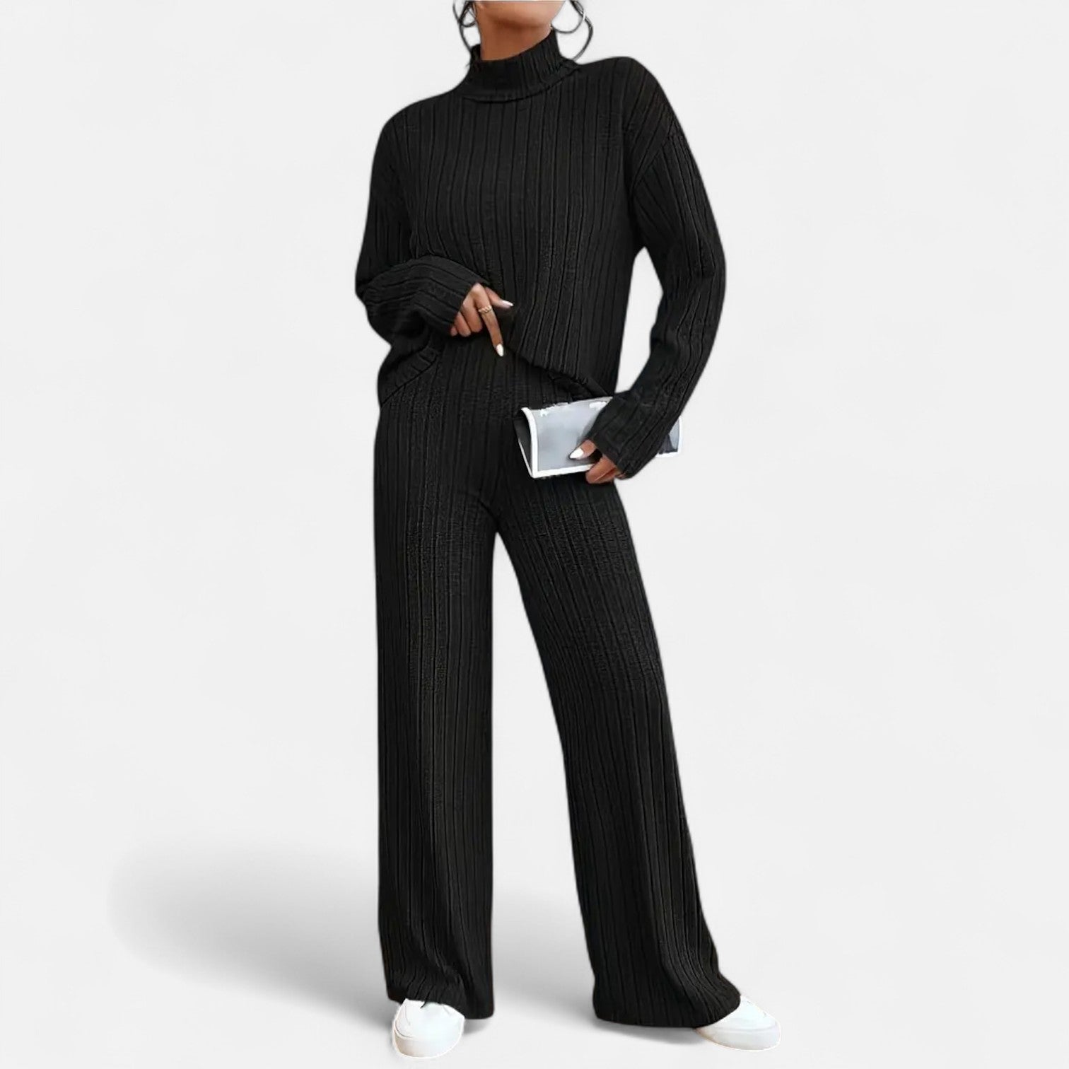 Dorevelle | Women's Ribbed Set with Mock Neck & Wide-Leg Style for a Chic and Comfortable Look