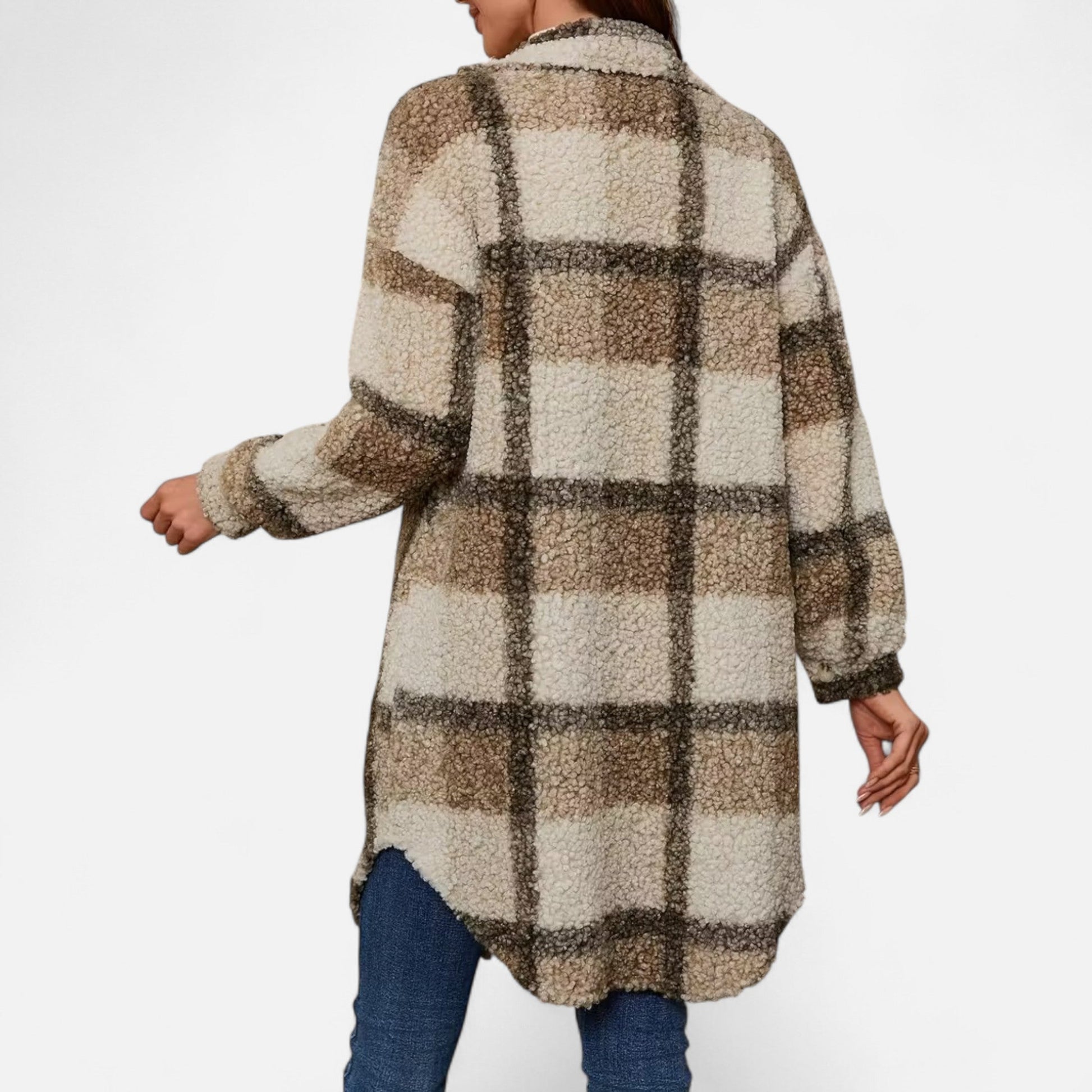 Dorevelle Women's Cozy Plaid Fuzzy Jacket with Button-Front Longline Style