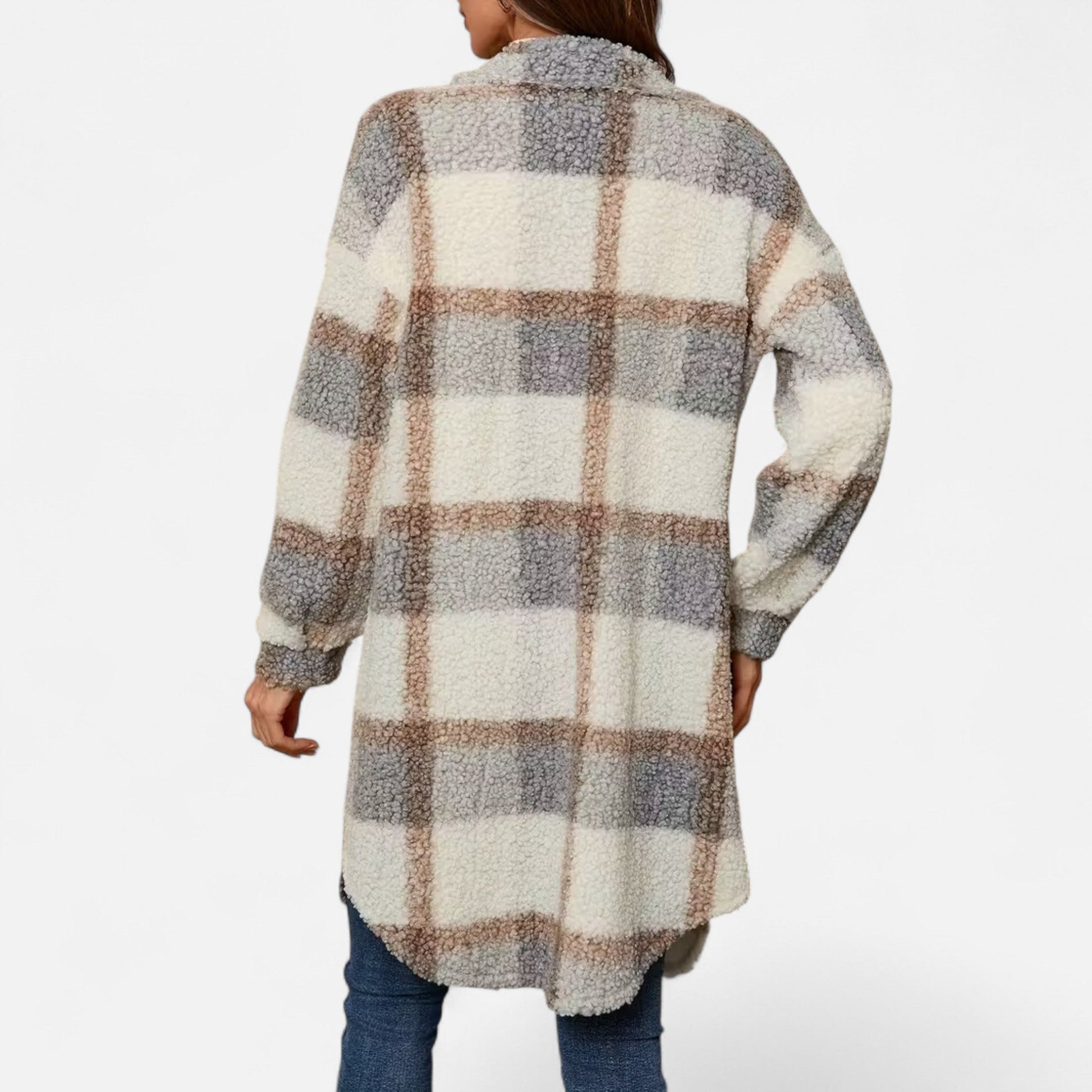 Dorevelle Women's Cozy Plaid Fuzzy Jacket with Button-Front Longline Style