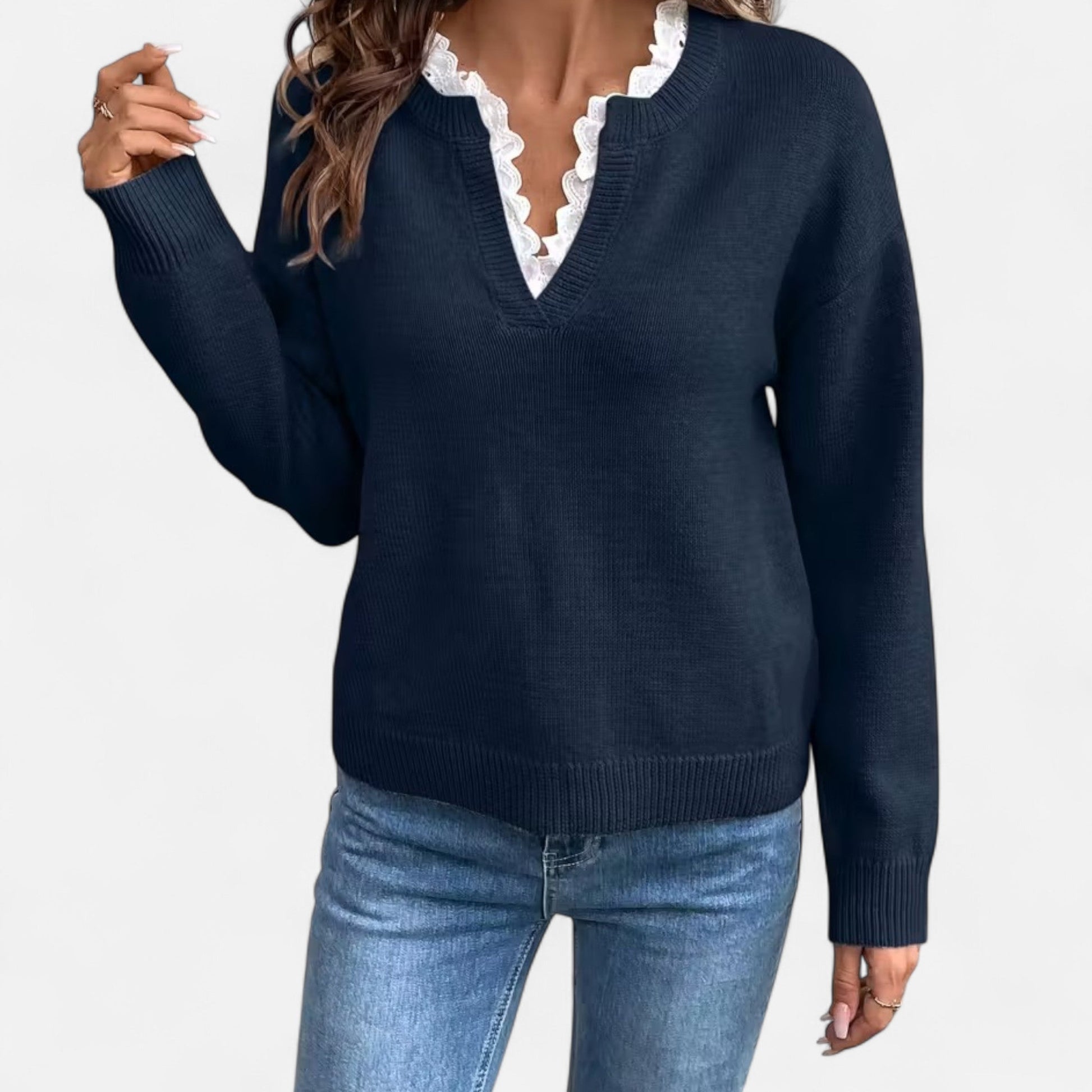 Dorevelle Damen V-Ausschnitt Pullover mit Spitzenbesatz für einen eleganten Look