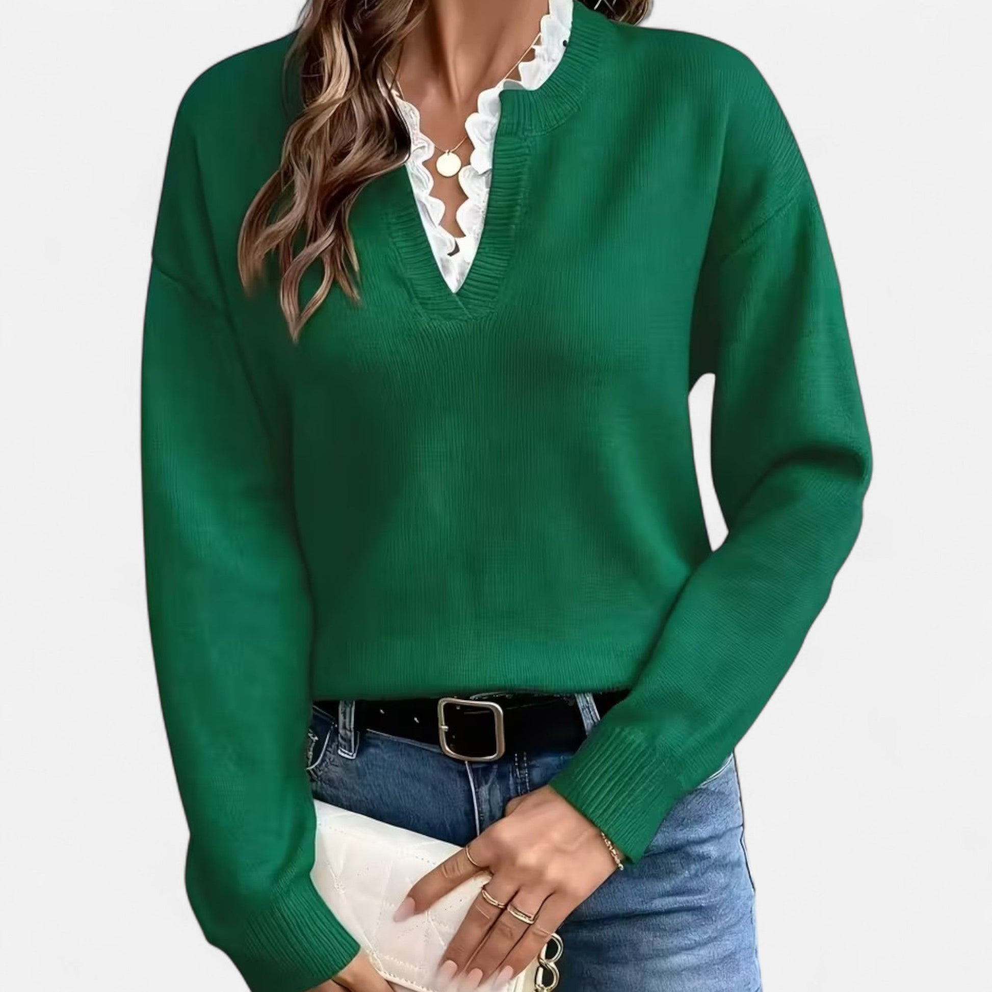 Dorevelle Damen V-Ausschnitt Pullover mit Spitzenbesatz für einen eleganten Look
