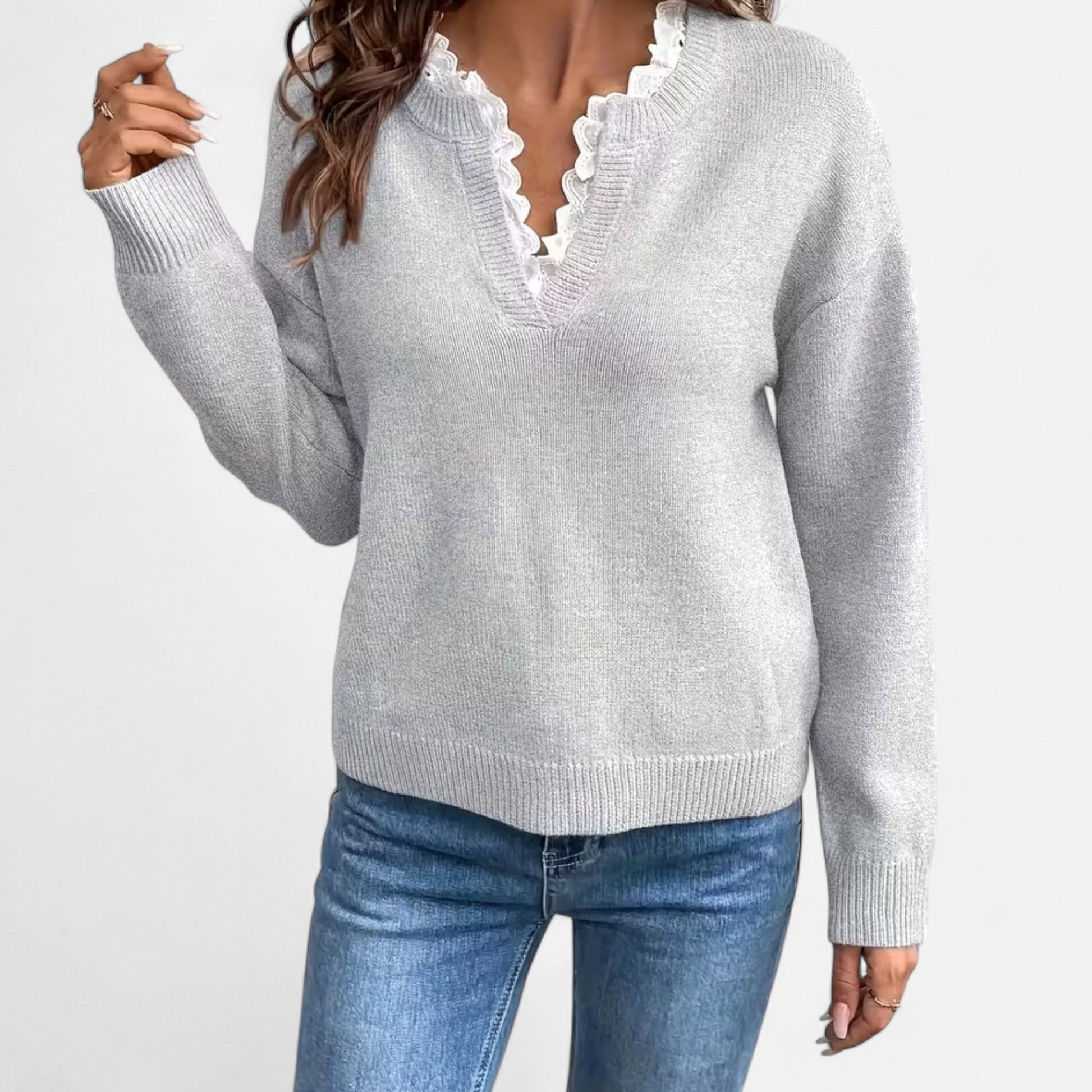 Dorevelle Damen V-Ausschnitt Pullover mit Spitzenbesatz für einen eleganten Look