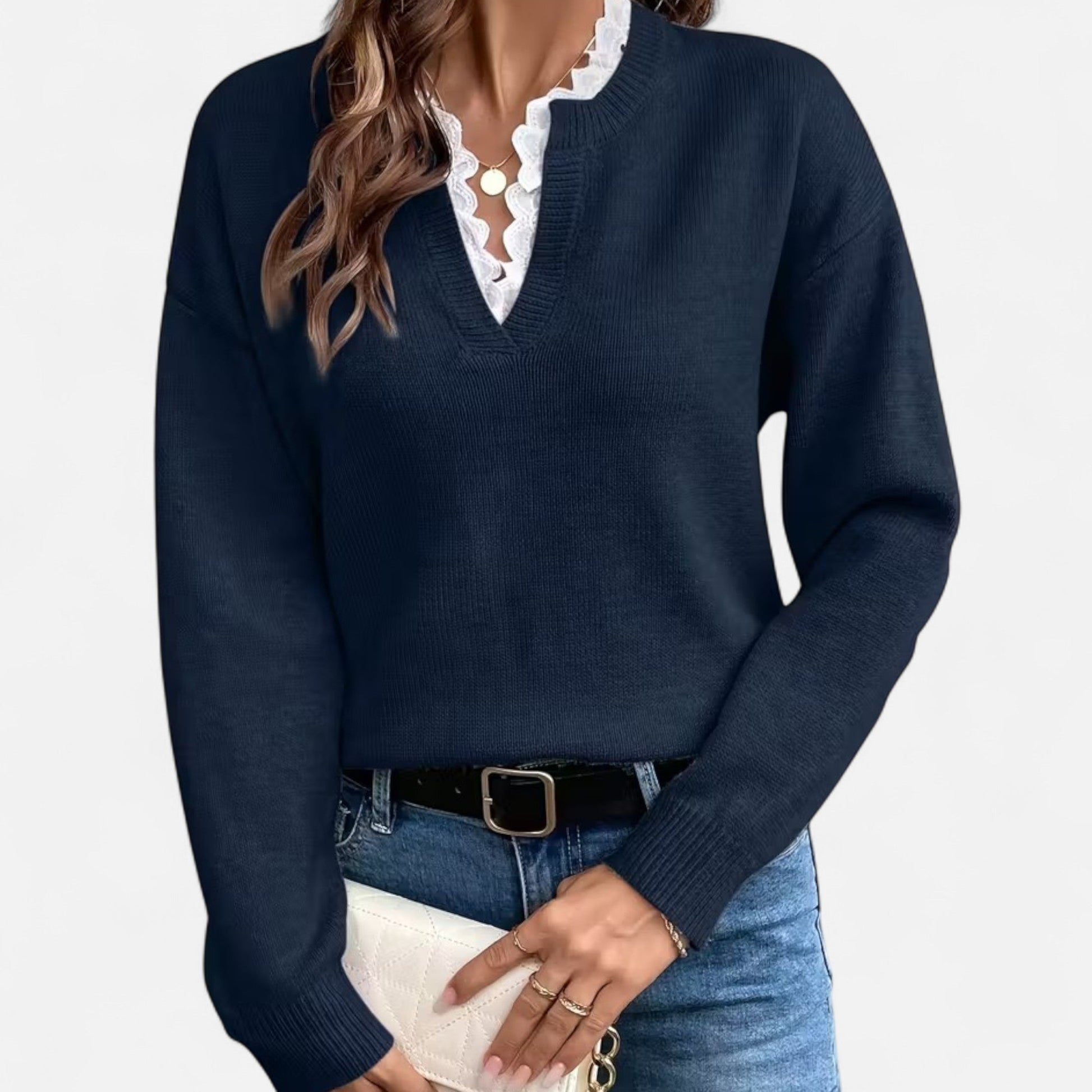 Dorevelle Damen V-Ausschnitt Pullover mit Spitzenbesatz für einen eleganten Look
