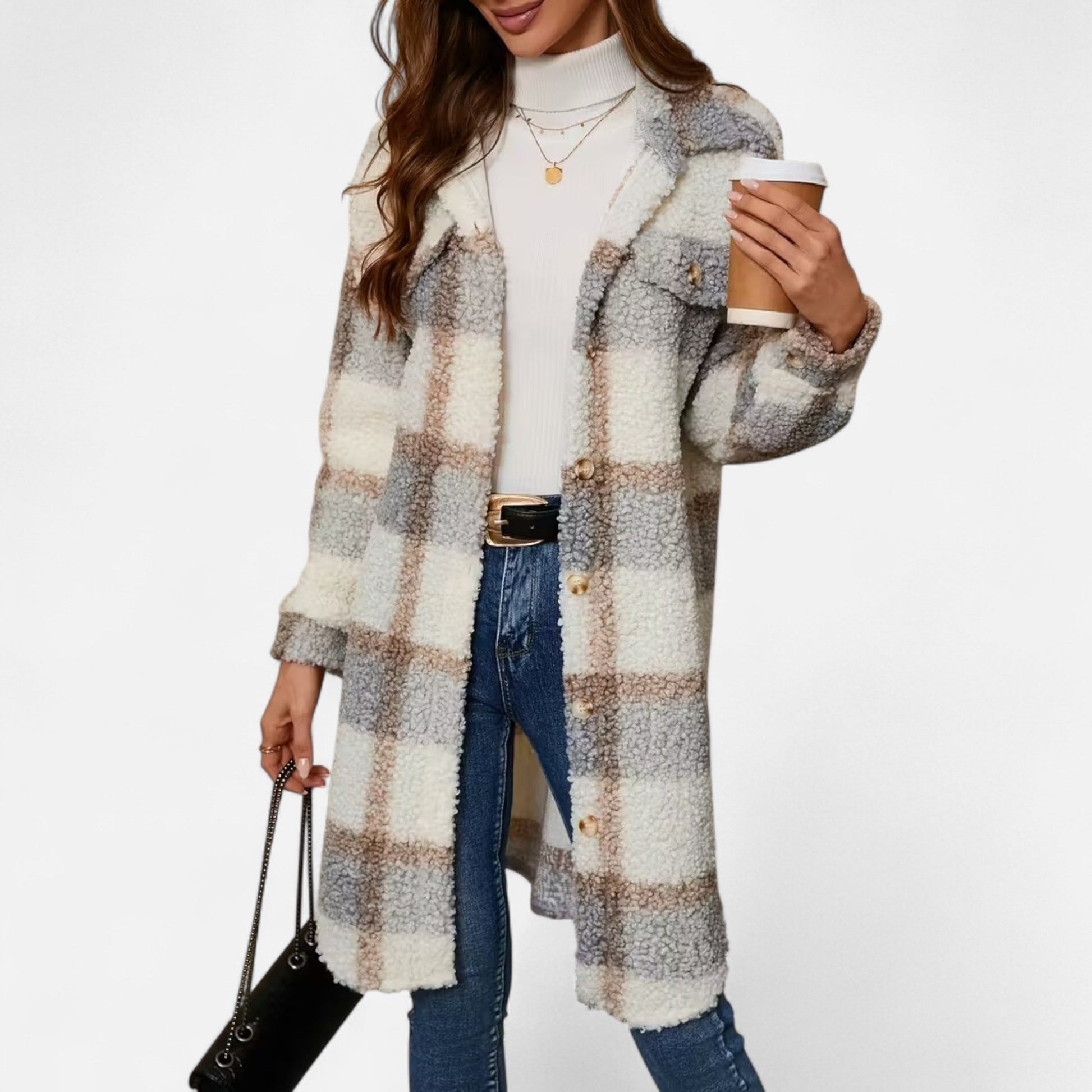 Dorevelle Women's Cozy Plaid Fuzzy Jacket with Button-Front Longline Style