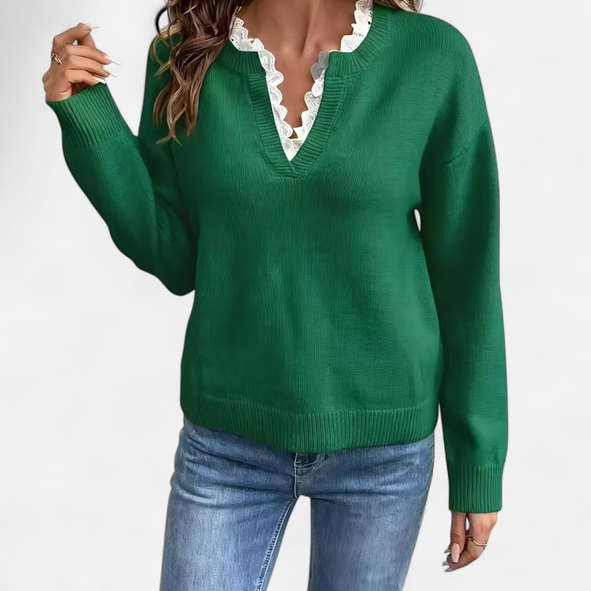 Dorevelle Damen V-Ausschnitt Pullover mit Spitzenbesatz für einen eleganten Look