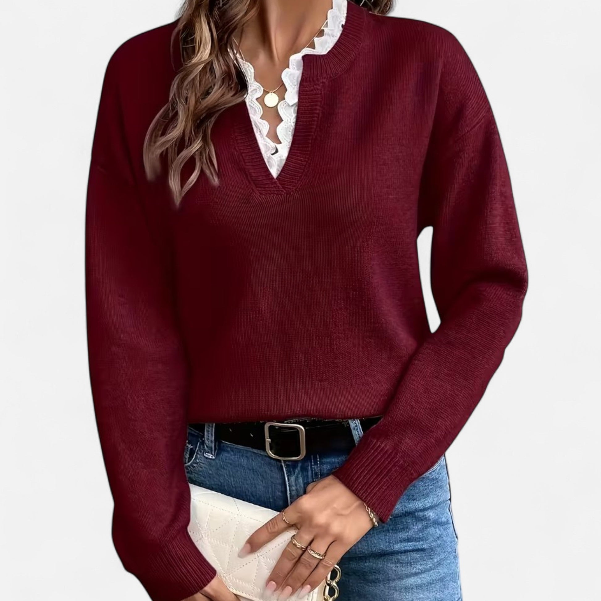 Dorevelle Damen V-Ausschnitt Pullover mit Spitzenbesatz für einen eleganten Look