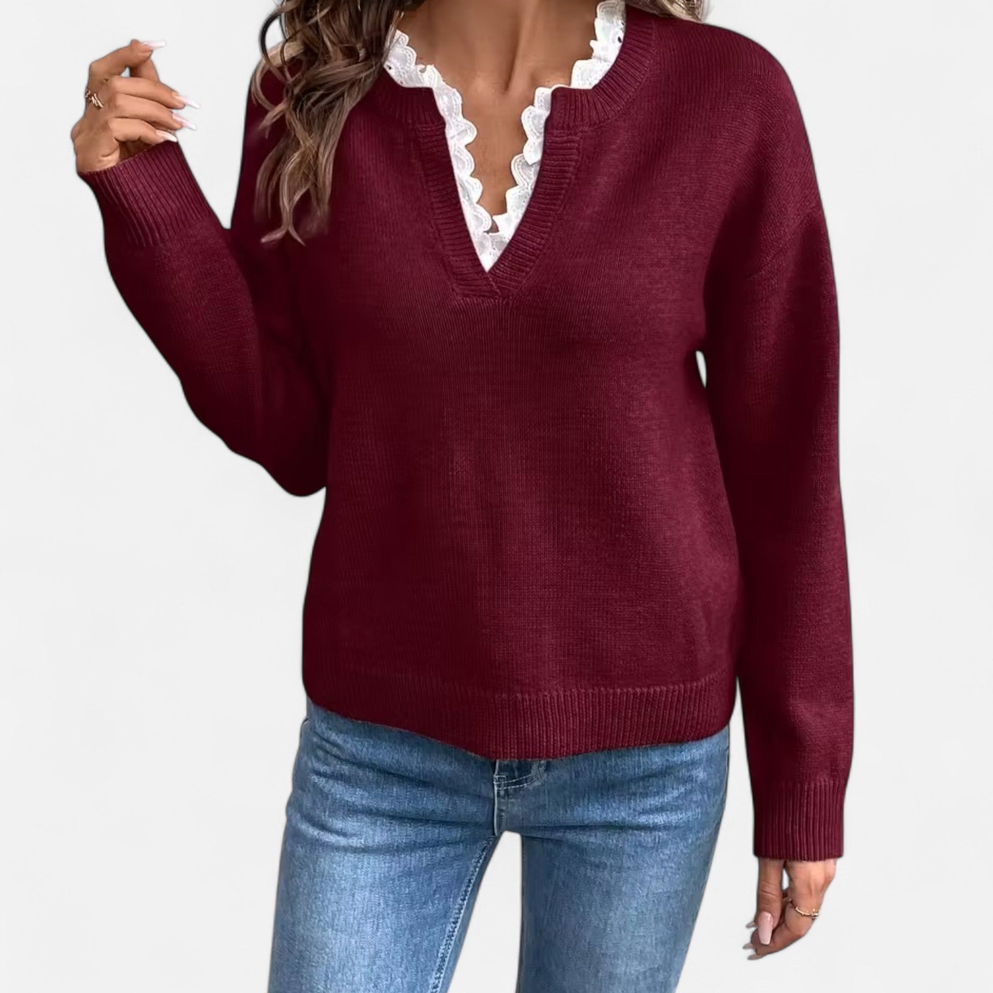 Dorevelle Damen V-Ausschnitt Pullover mit Spitzenbesatz für einen eleganten Look