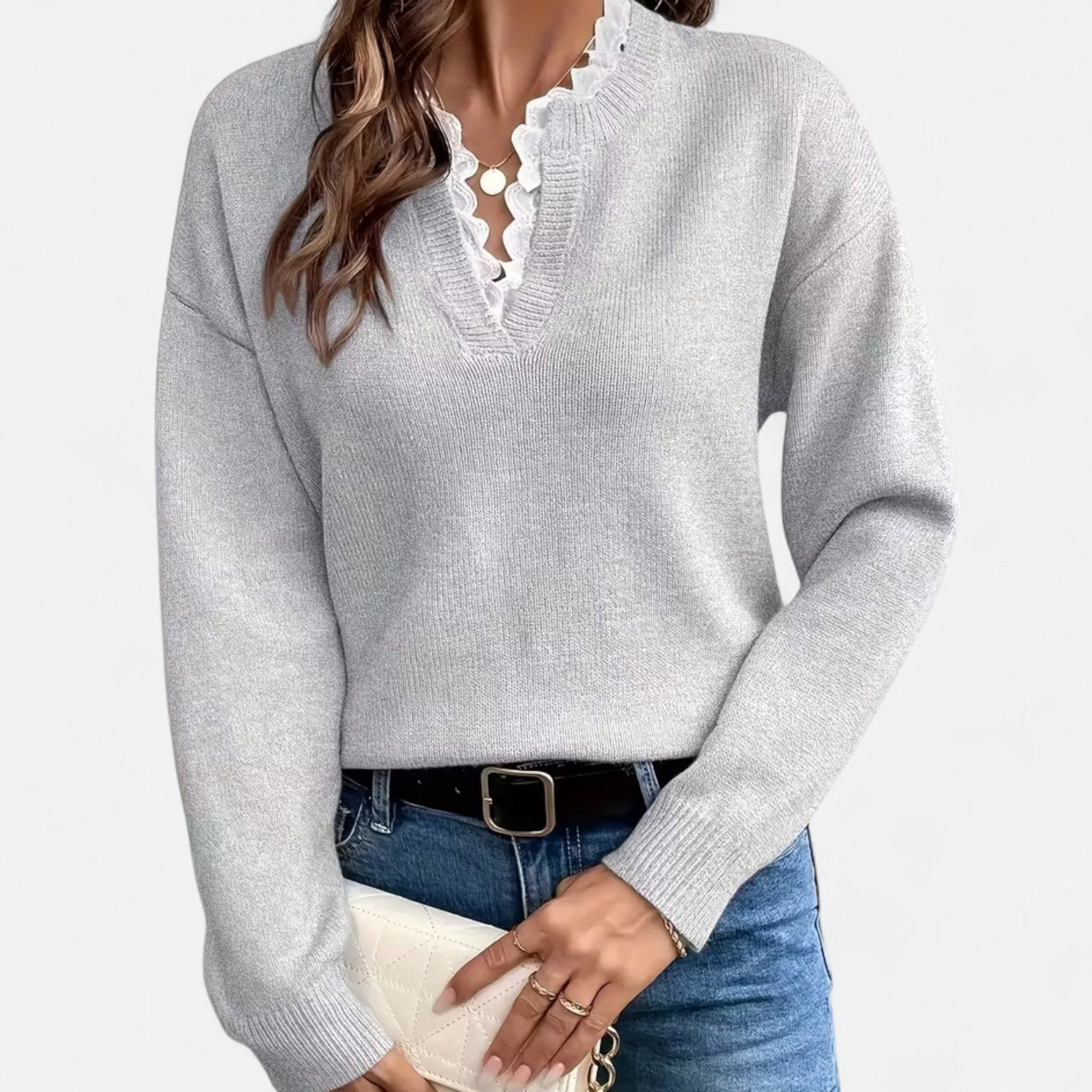 Dorevelle Damen V-Ausschnitt Pullover mit Spitzenbesatz für einen eleganten Look