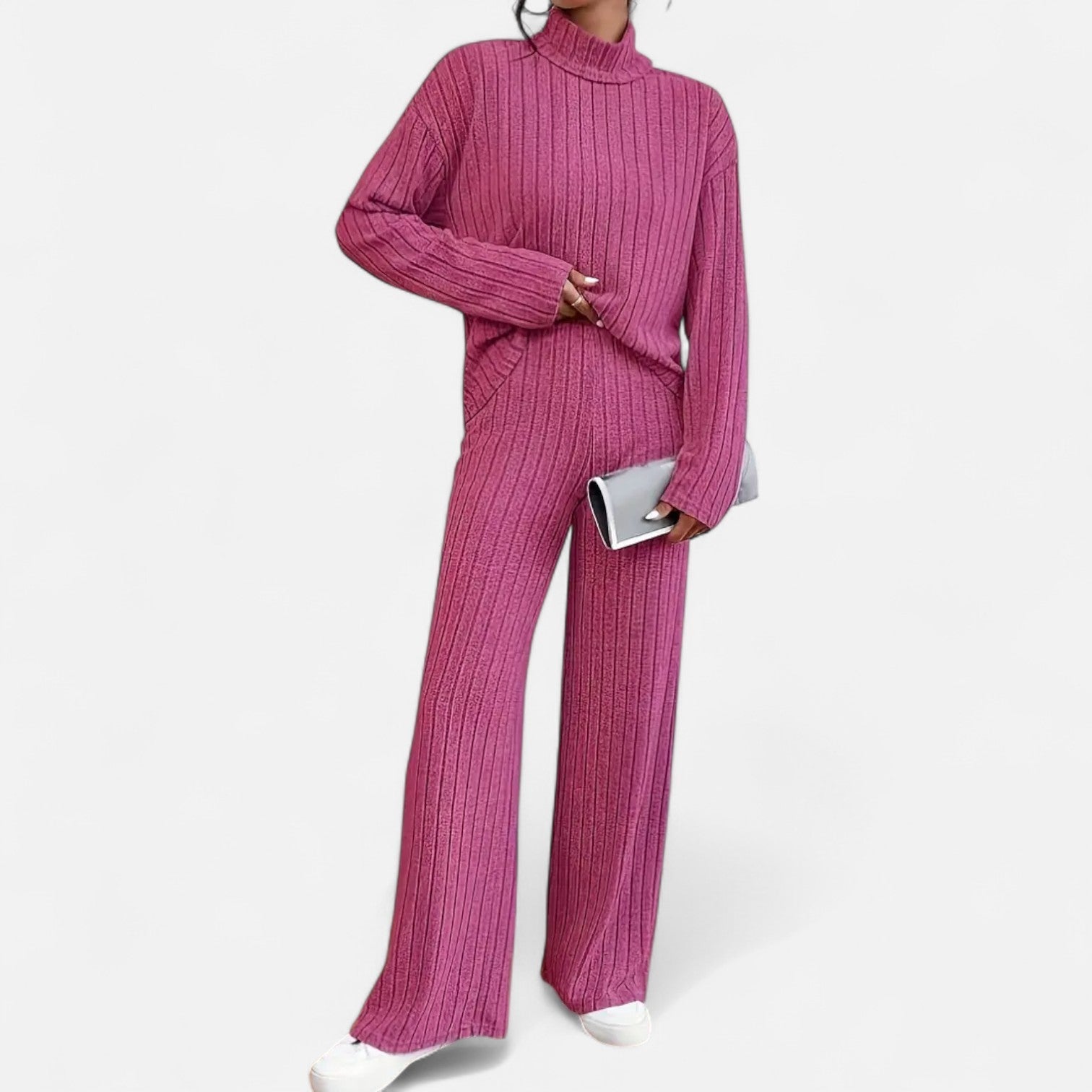Dorevelle | Women's Ribbed Set with Mock Neck & Wide-Leg Style for a Chic and Comfortable Look