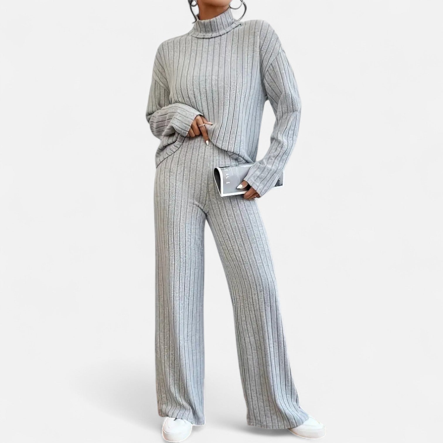 Dorevelle | Women's Ribbed Set with Mock Neck & Wide-Leg Style for a Chic and Comfortable Look