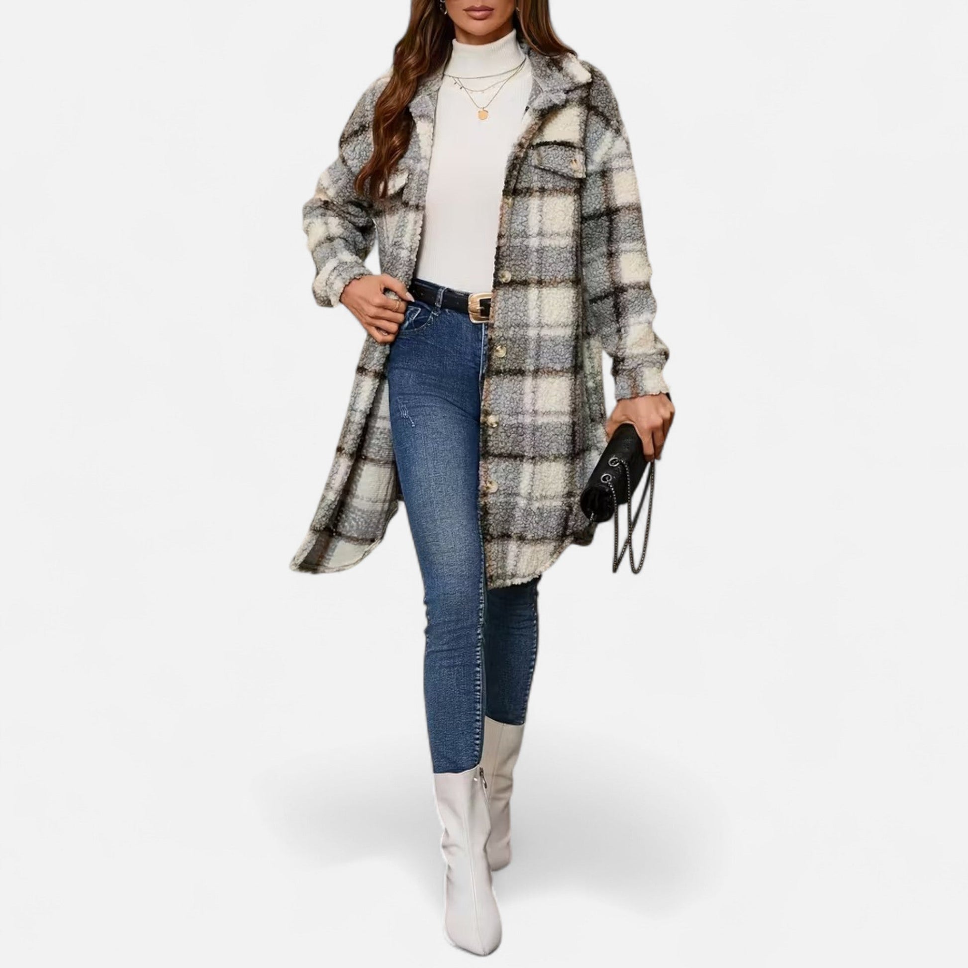 Dorevelle Women's Cozy Plaid Fuzzy Jacket with Button-Front Longline Style