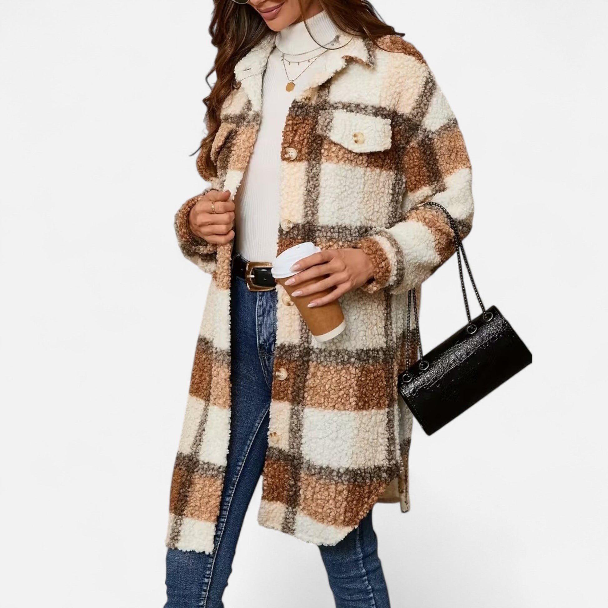 Dorevelle Women's Cozy Plaid Fuzzy Jacket with Button-Front Longline Style