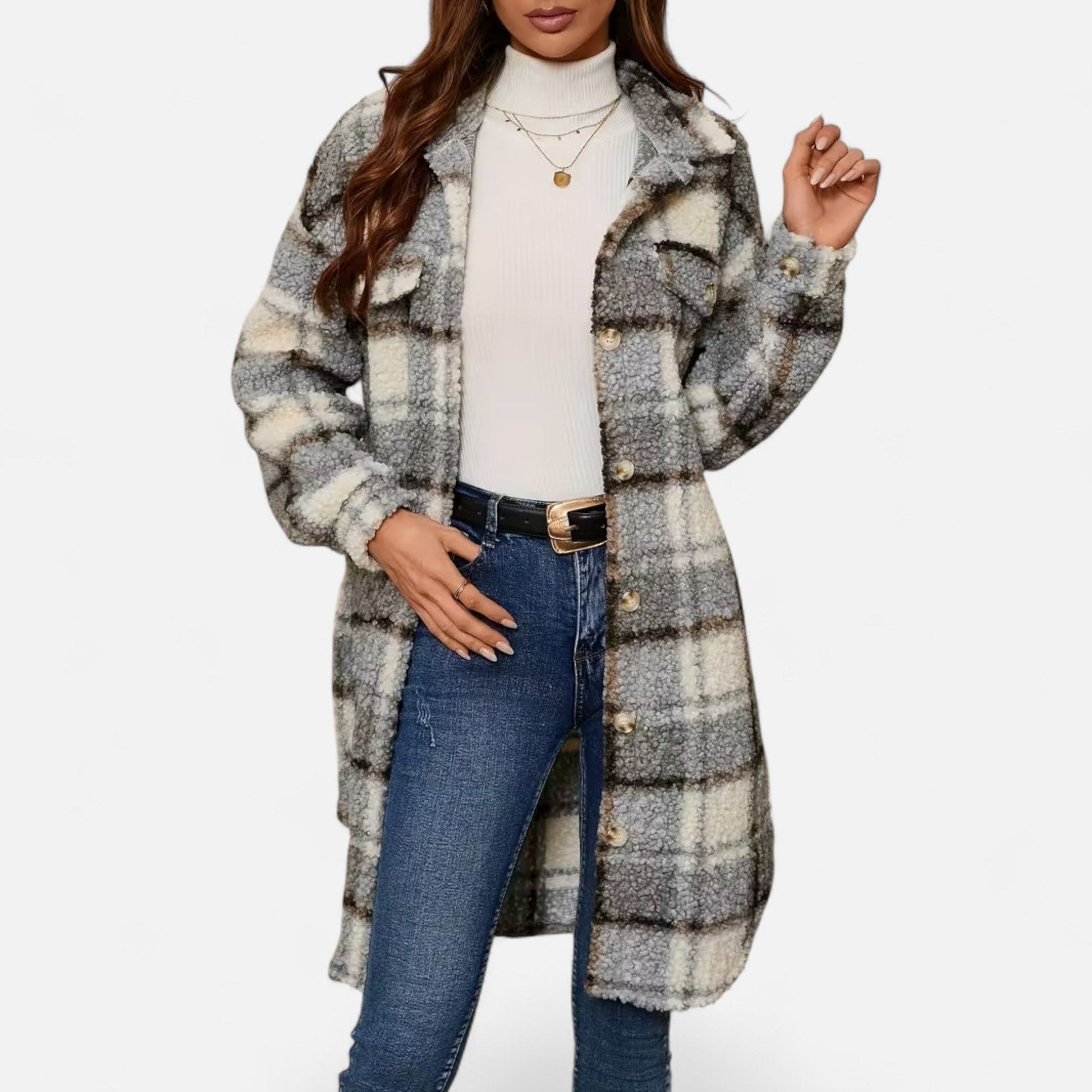 Dorevelle Women's Cozy Plaid Fuzzy Jacket with Button-Front Longline Style