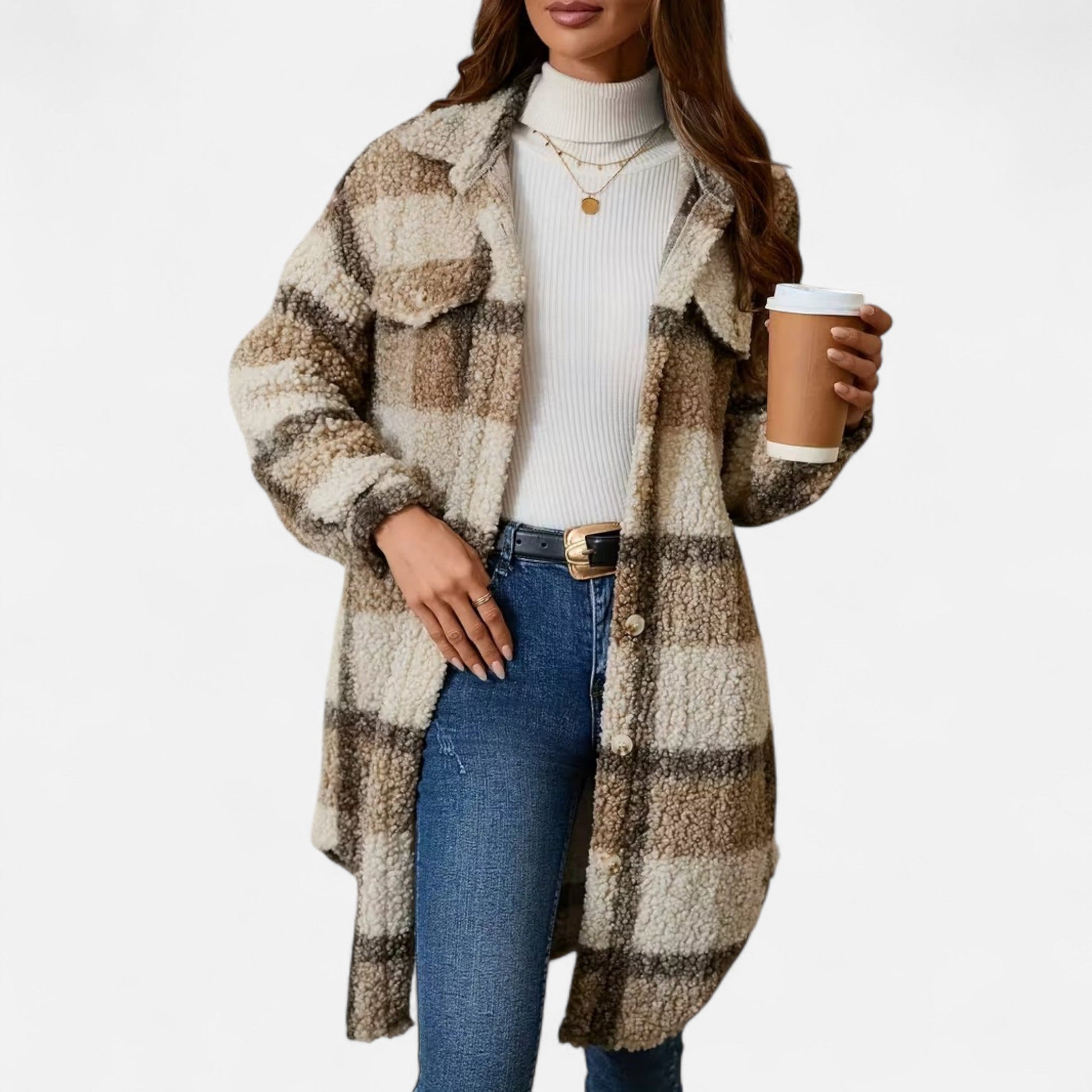 Dorevelle Women's Cozy Plaid Fuzzy Jacket with Button-Front Longline Style