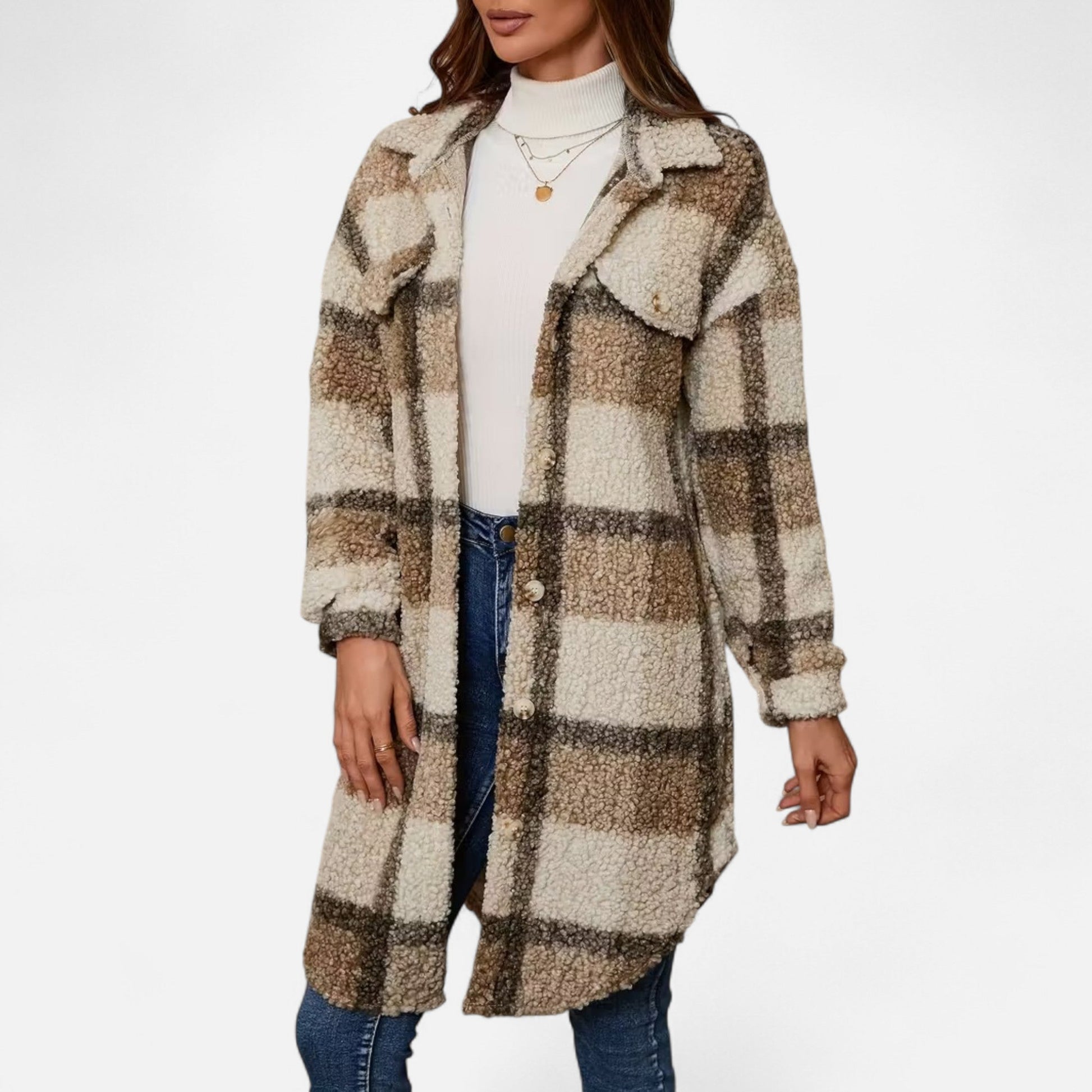 Dorevelle Women's Cozy Plaid Fuzzy Jacket with Button-Front Longline Style