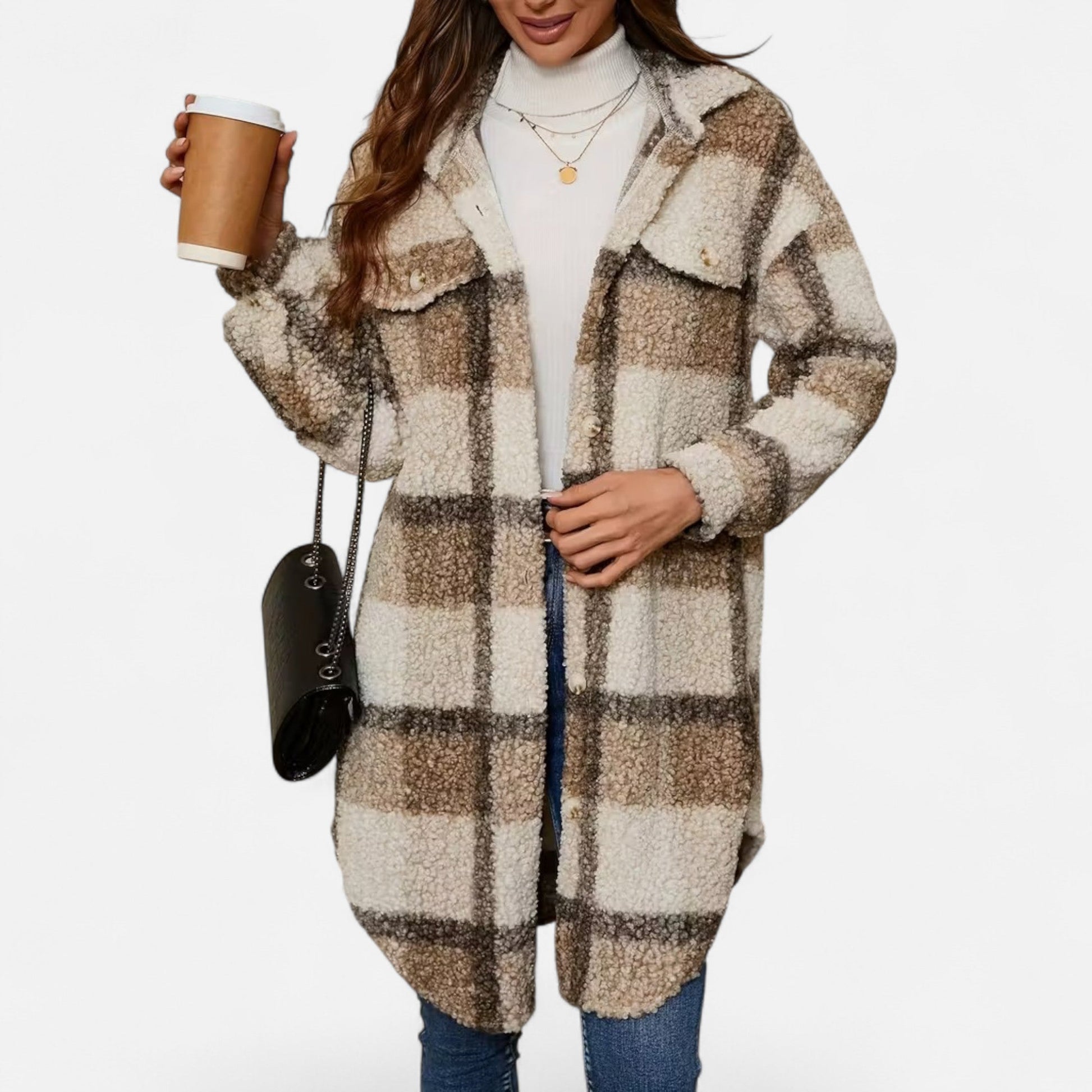 Dorevelle Women's Cozy Plaid Fuzzy Jacket with Button-Front Longline Style