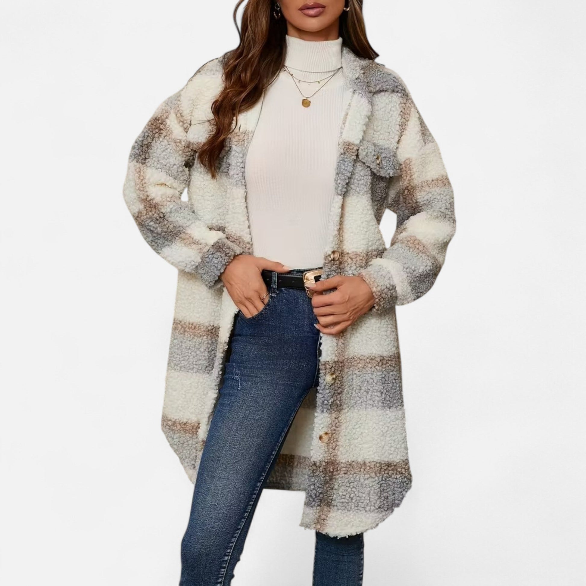 Dorevelle Women's Cozy Plaid Fuzzy Jacket with Button-Front Longline Style