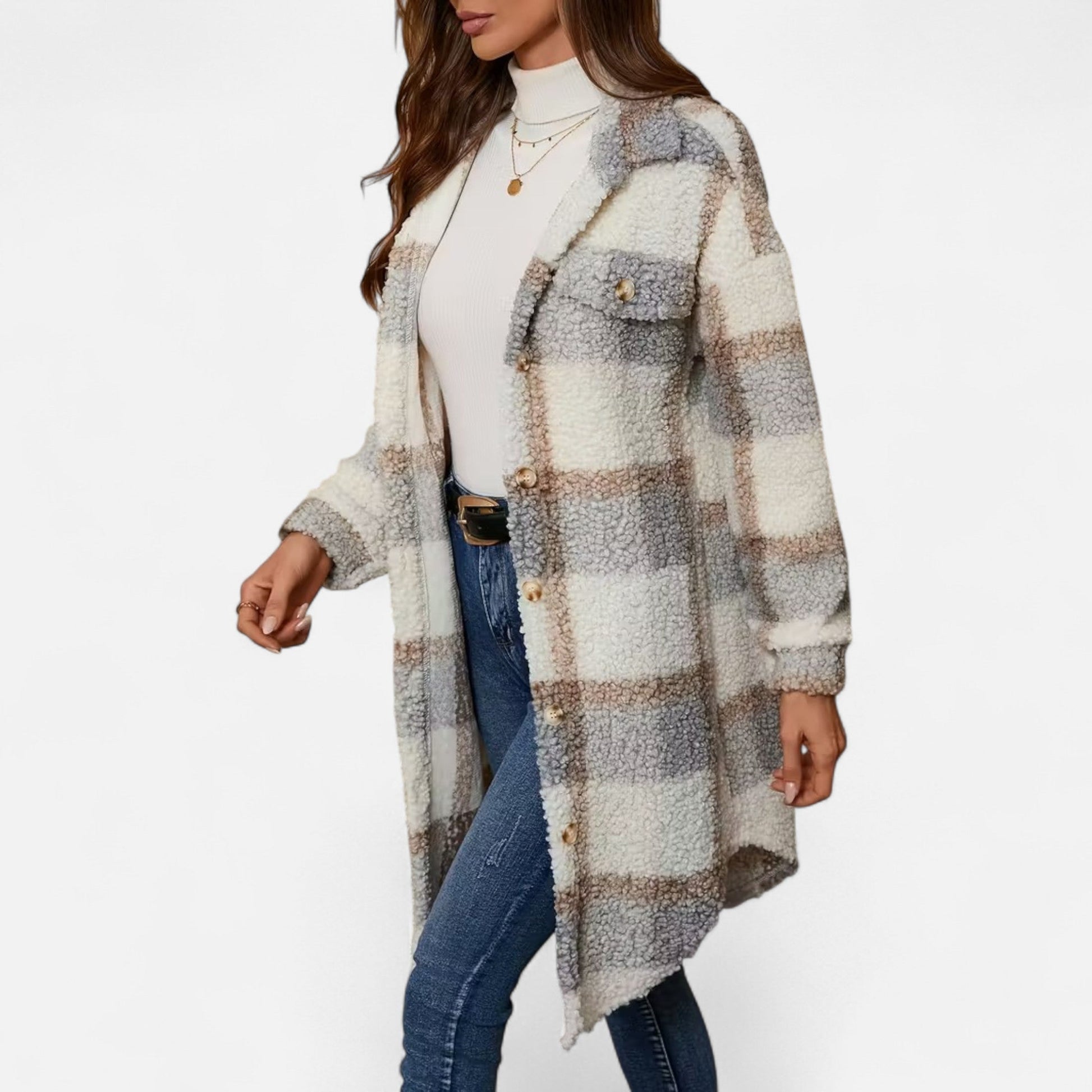 Dorevelle Women's Cozy Plaid Fuzzy Jacket with Button-Front Longline Style